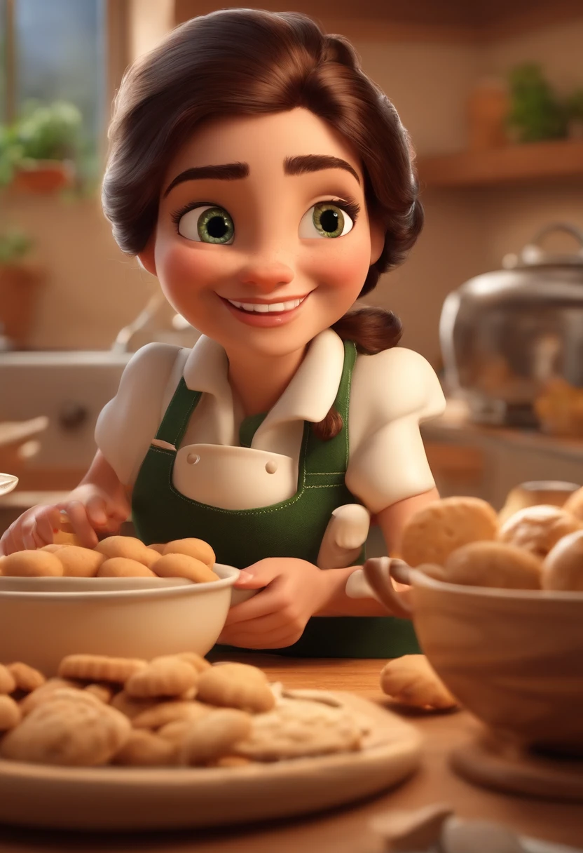 Create a Disney Pixar Poster.  Uma mulher chef de cozinha, com cabelos cor castanho claro na altura do ombro, com sorriso feliz, olhos castanhos pequenos. Ela usa brincos pequenos. Ela esta fazendo biscoitos em uma confeitaria. Ela usa um vestido preto com um avental branco. Na parede tem flores rosas.