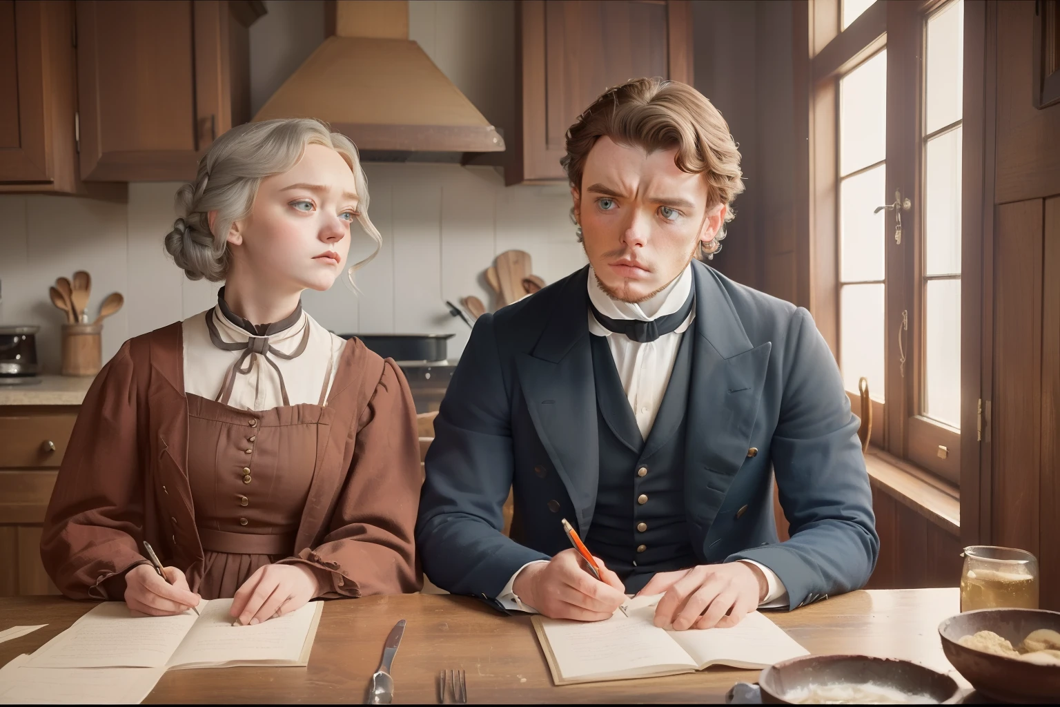 year: 1862. Location: Rock Island, Illinous. Pre-Raphaelite (((44-year-old Richard Madden))), ((overweigth)), ((grey hair)), with Dakota Fanning, kitchen, ((sad, worried look)), ((((rural colored Clothing from the 1860s)))) ((Hairstyle of the 1860s)), ((("OMITB" cinematography)))
