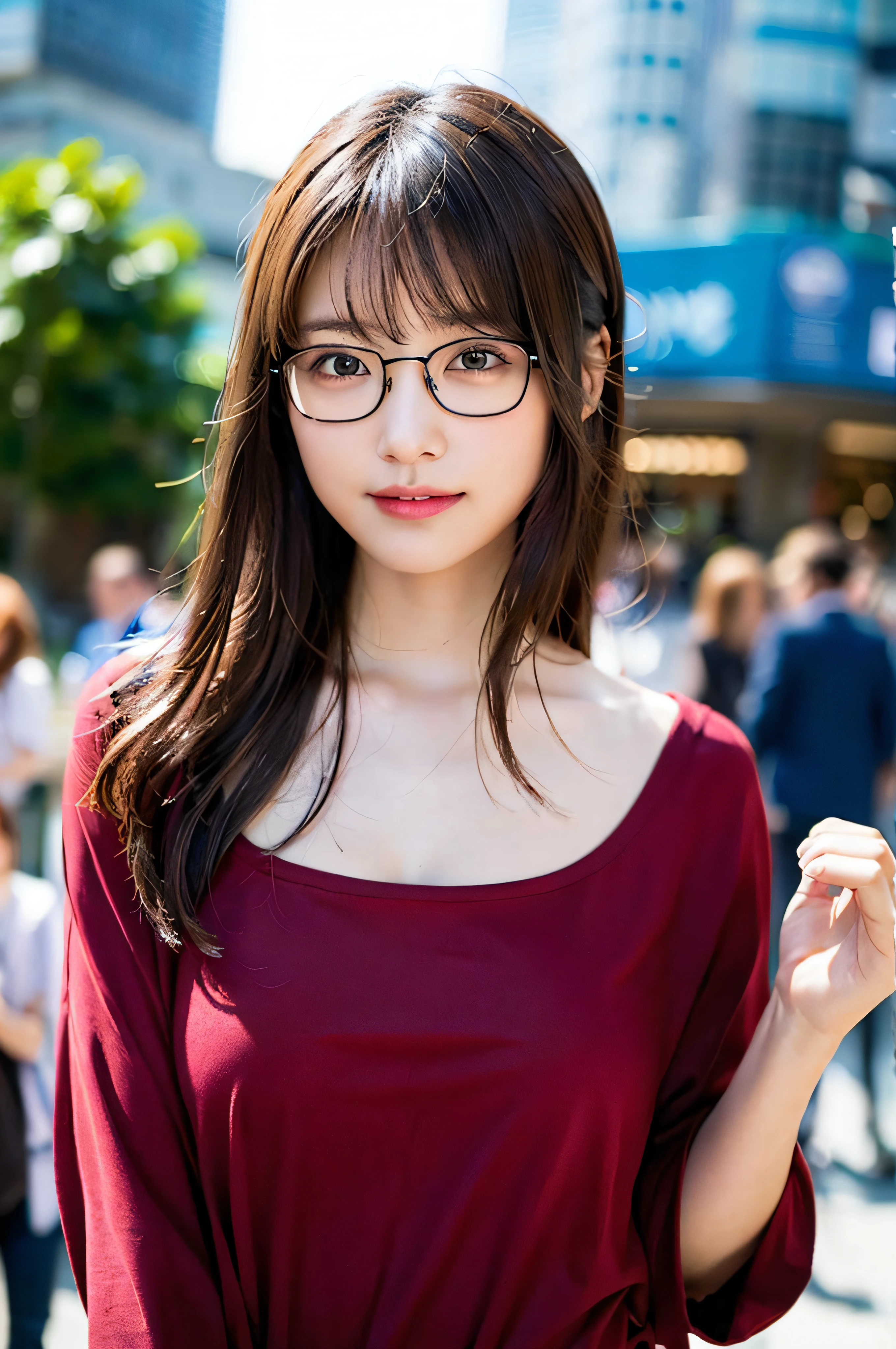 (8K、Raw photography、top-quality、​masterpiece:1.2)、(realisitic、Photorealsitic:1.37)、ultra-detailliert、超A high resolution、女の子1人、see the beholder、beautifull detailed face、A smile、Constriction、(Slim waist) :1.3)、((Red shirt clothes))、Beautiful detailed skin、Skin Texture、Floating hair、((Hair bunched into one))、large breasts with good shape、Professional Lighting、In front of the station at noon、((Black square glasses))、Whole human body、Brown hair、((On the phone))、