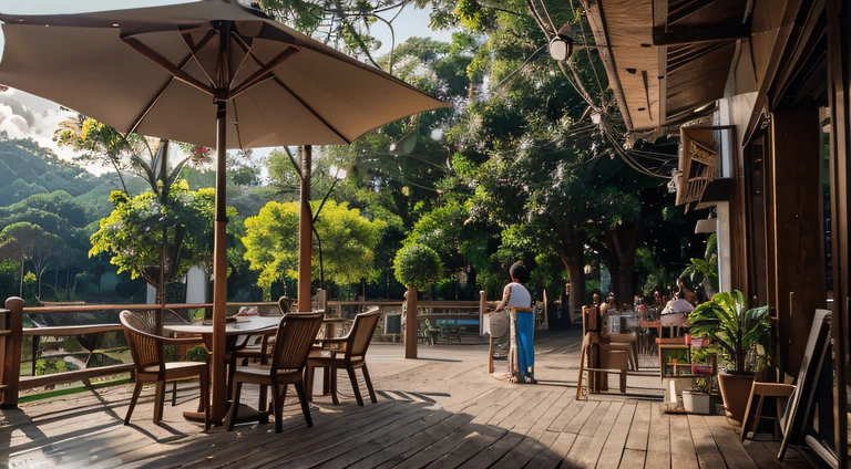 a hyper realistic photography of an aerial of a cafe in Langkawi, no people, Nikon D850 DSLR 4k camera, 100mm lens, F 1.2 aperture setting, bright and natural lighting, vibrant, fun and relaxing atmosphere