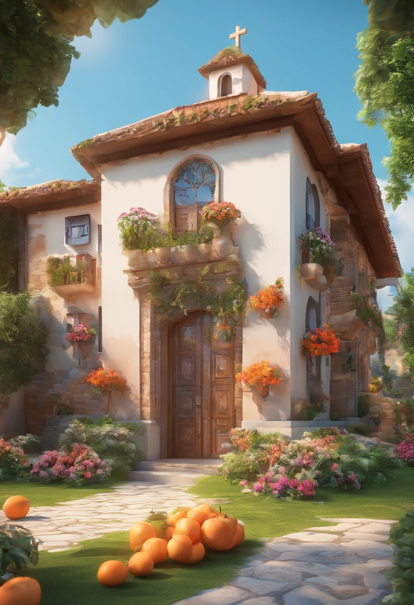 una casa e iglesia, with fruit and flower decoration.