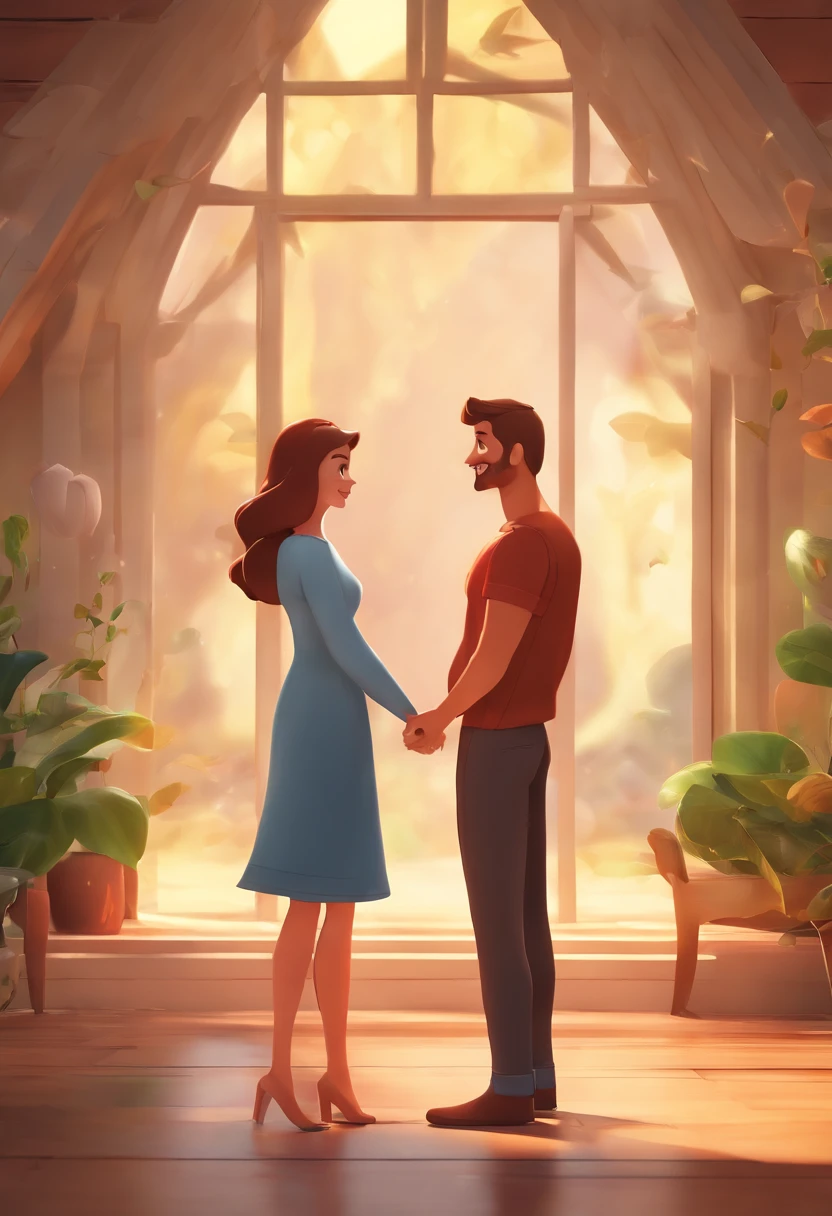 An illustration of an adorable couple, Spotlight on a man with smiling dark blonde hair and a woman with long light brown hair with beautiful expressive eyes - the man's skin is white and the woman's skin is white. They are a bright room, cada um com um sorriso no rosto, e compartilhar um momento especial caracterizado pelo amor, Insights. Illustrate this scene from a perspective where they are facing the camera, Smiling and showing your connection and your newborn baby girl. Desenvolva esta arte em Full HD, Focus on your cinematic touch, Estilo Disney Pixar Animations