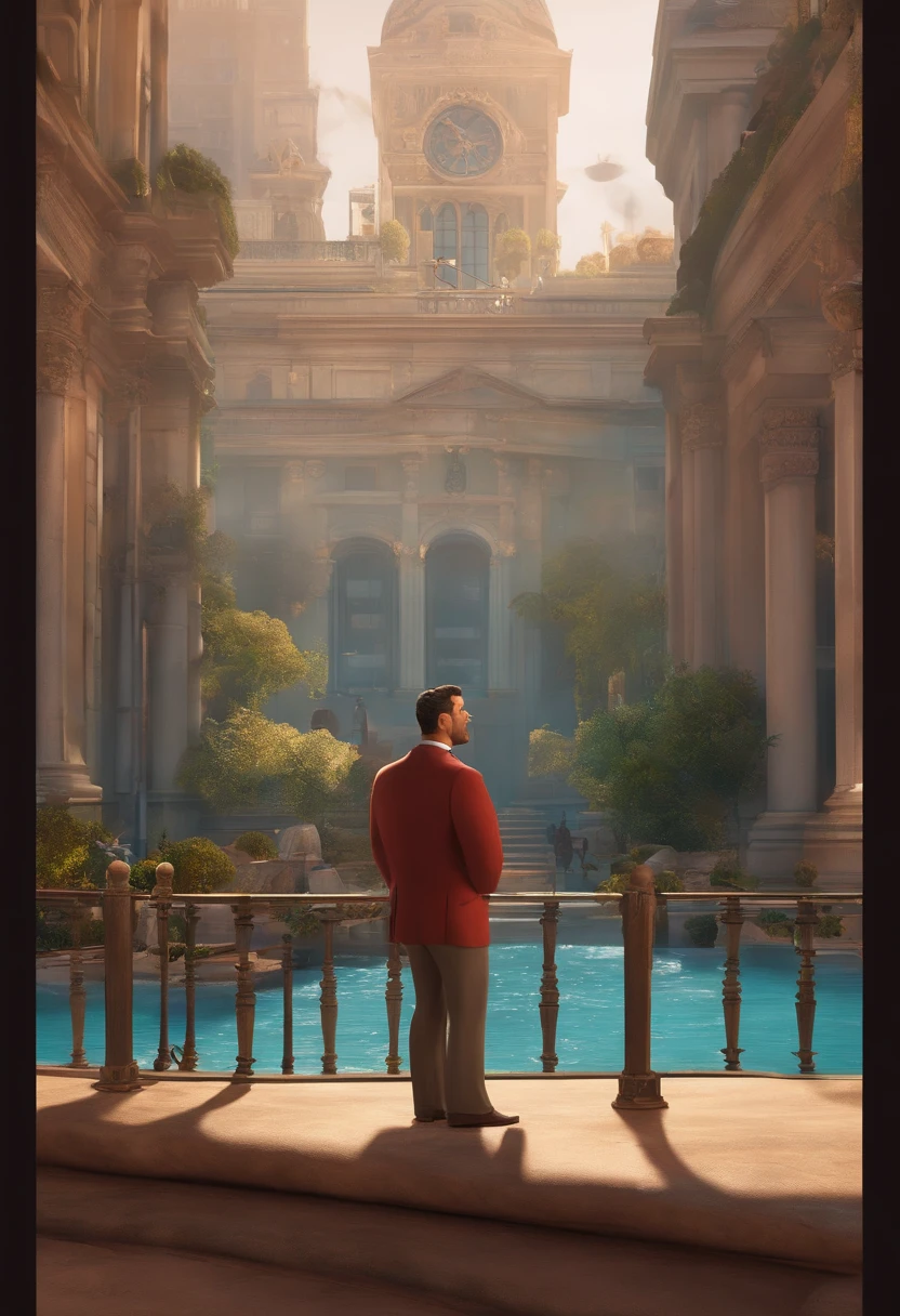 A city councilman looking at a dream project inspired by Pixar animation, de perto. The character takes center stage with captivating facial expressions, oferecendo um toque de irrealidade