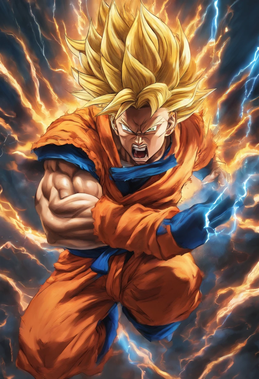 Realistic 3D rendering of Super Saiyan Goku fused Aquaman, Surrounded by lightning, Fat Muscular, Photographie du corps entier, Hyperrealistic
