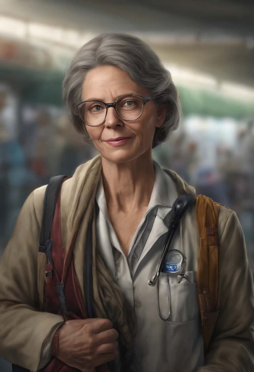 A middle-aged female doctor wears glasses, wears a shawl, and carries a school bag