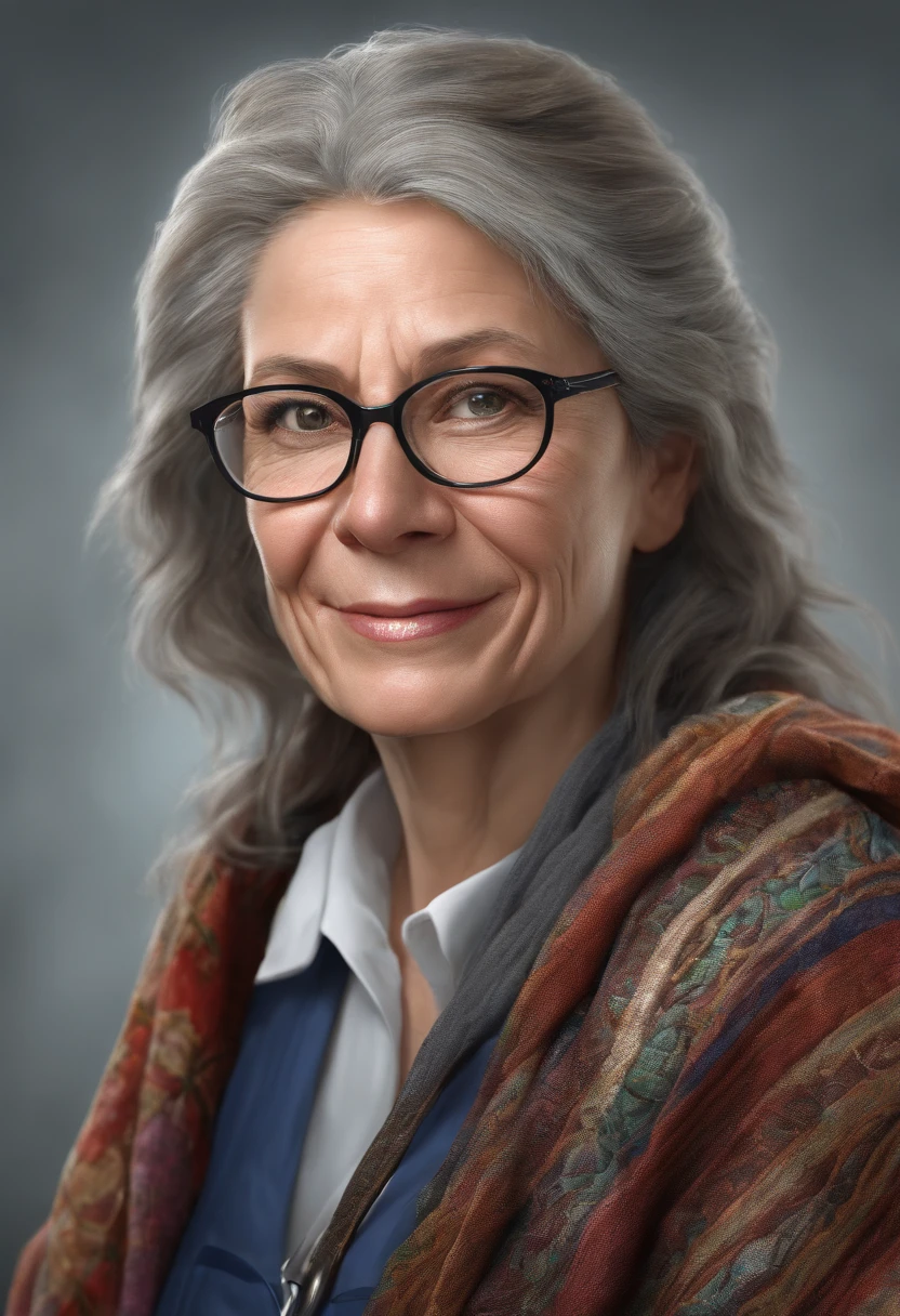 A middle-aged female doctor wears glasses, wears a shawl, and carries a school bag