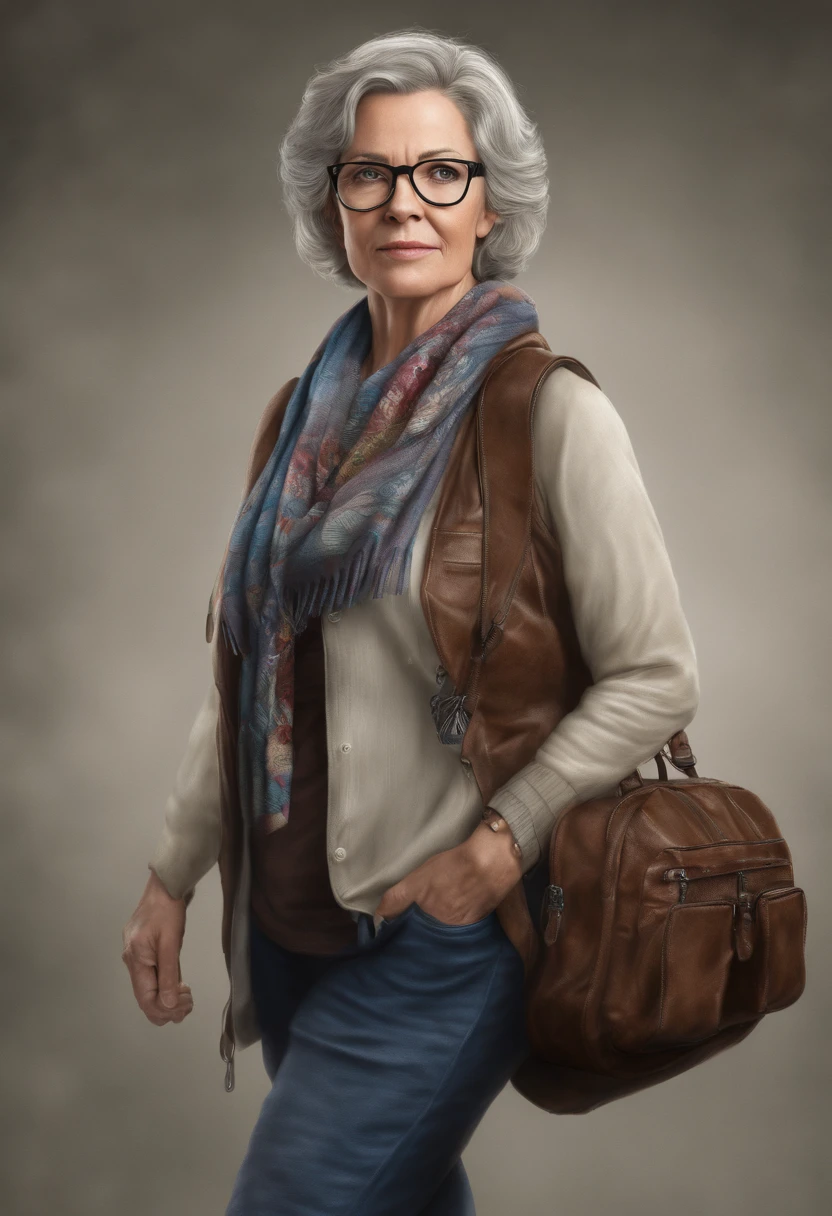 A middle-aged female doctor wears glasses, wears a shawl, and carries a school bag