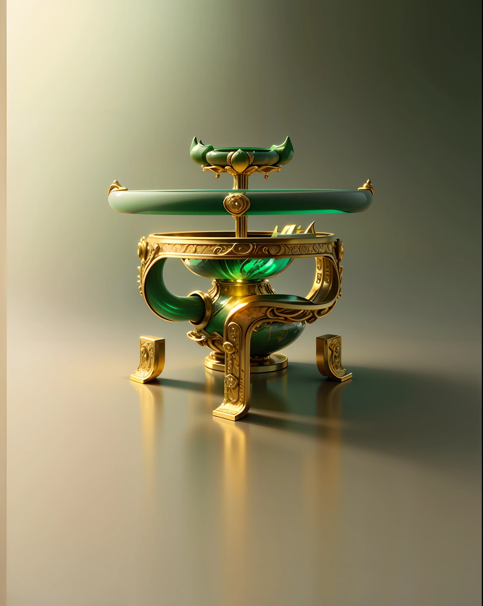 There is a green ribbon,It has gold rings and jewelry, green tones and golden charms, glass、Gold and jade, jewelry photography, elaborate oled jewelry, green jewelry, c 4 d ", art nouveau octane render, author:Anna Fossley, a jewellery design, stylized 3 d graphics, jewely, gold and green, rendered in houdini