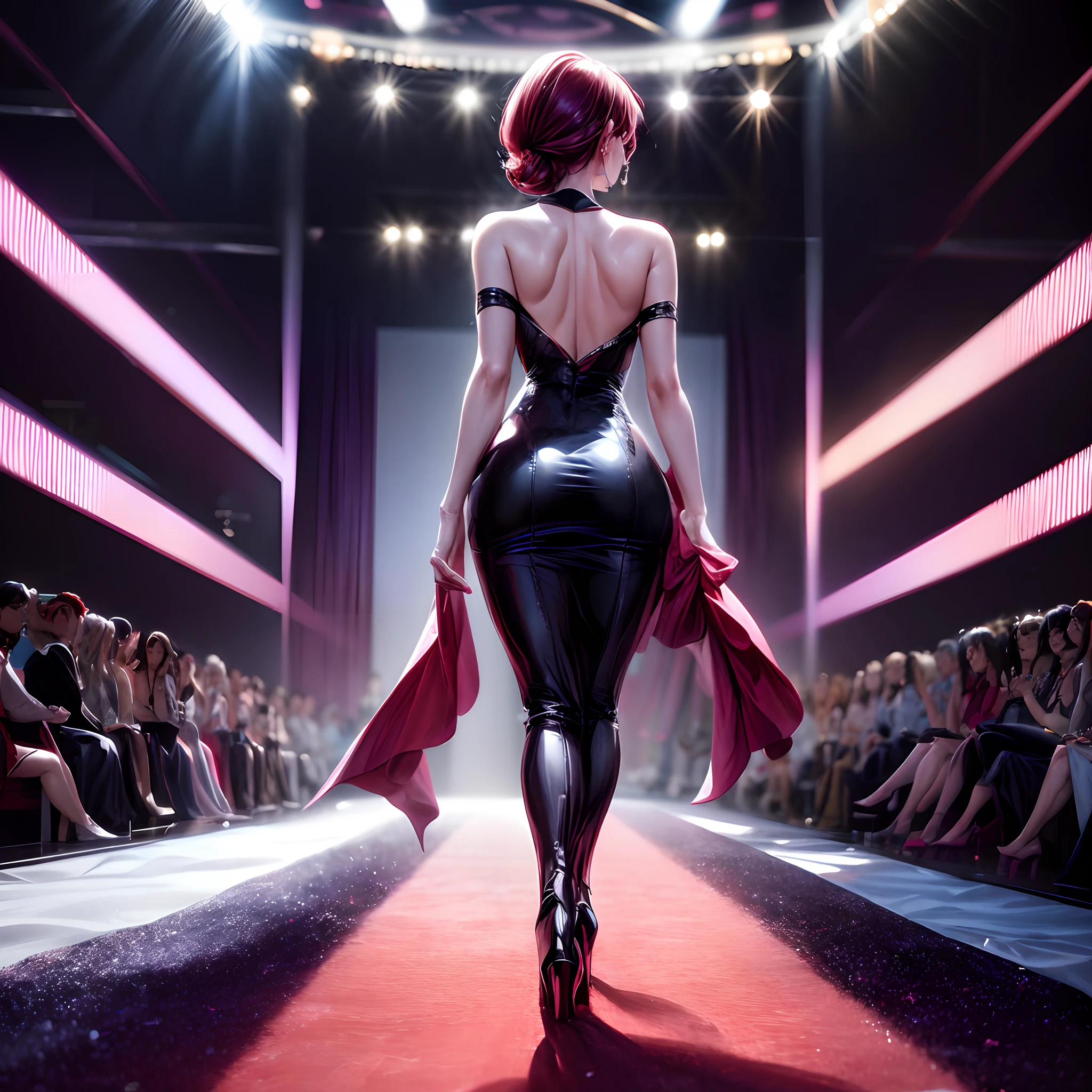 1 The wife is here , Ah high_Sewing, designer dress, high-heels,Haute couture, High brand,Famous fashion shows, (Covered runway:1.4),Long face, beauitful face, Dark red eyes, Sandy blonde,Side-sweep hair, Short hair, Long ring, Catwalk,Red carpet,Colorful confetti, Vivid colors, masutepiece, Best quality, absurderes, Highest quality, Amazing details, 8K, Aesthetic,lighting perfect,Look at the audience,(Watching from behind:1.2)