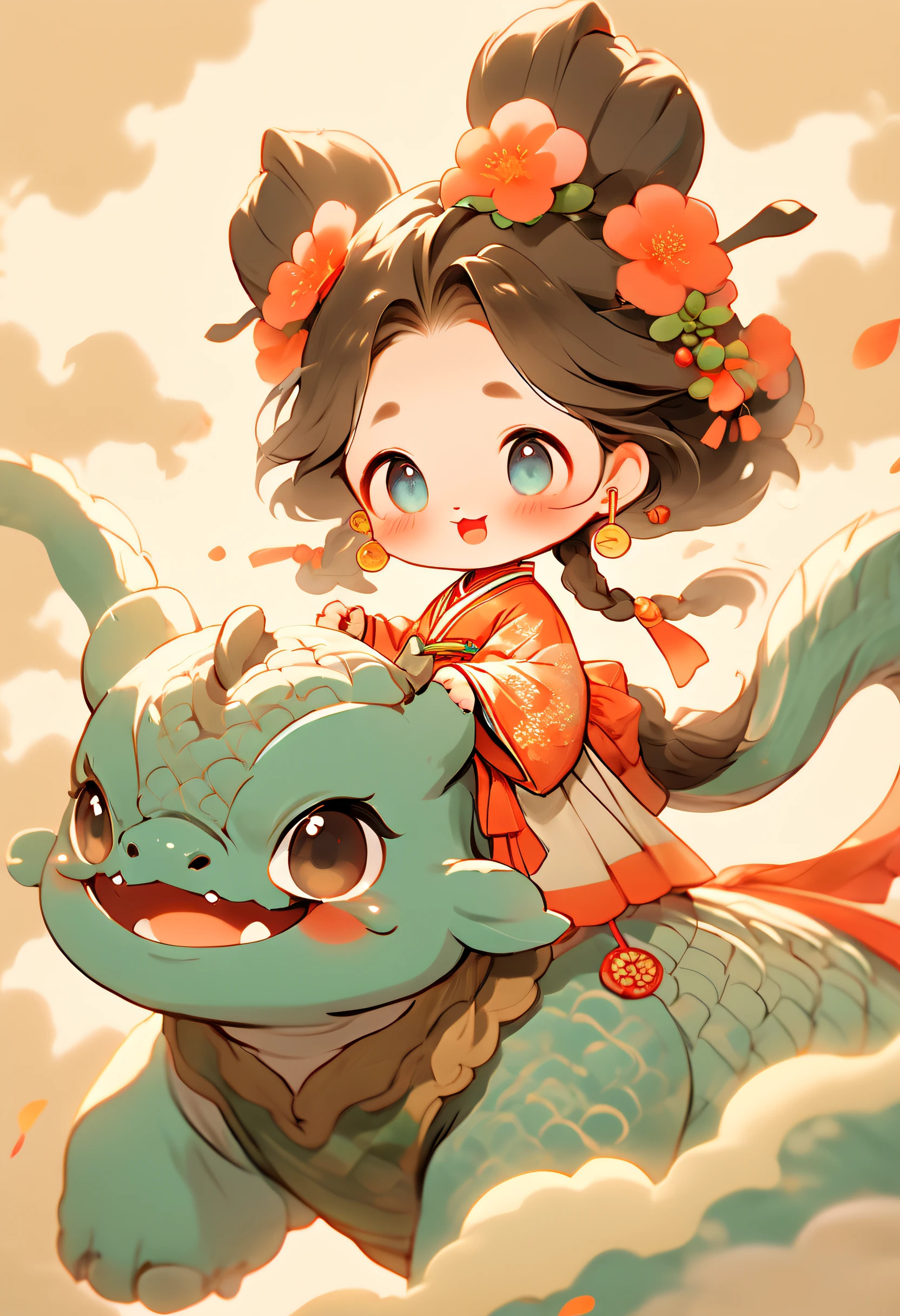 A cute little 6 year old girl, Looks like Chen Zhiyan（cocoa）, Blushlush, gongbi painting, Chubby face, Dressed in traditional Yi costumes, Simple vector art, Low Twin Tails, hair flower, Dragon horns, aqua eyes, Light smile, Character design, Rococo style, Anime style, Contemporary art, Minimalism, 16k, High details