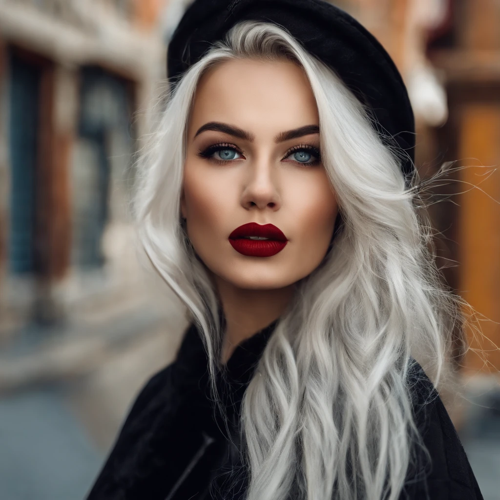 nakeness.with her mouth open.girl.whaite hair.street.Stick out your tongue, ahe