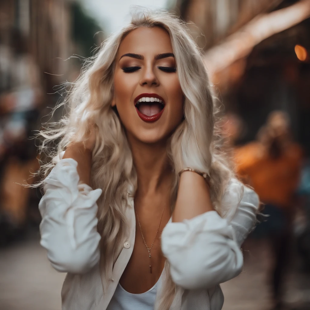 nakeness.with her mouth open.girl.whaite hair.street.Stick out your tongue, ahe