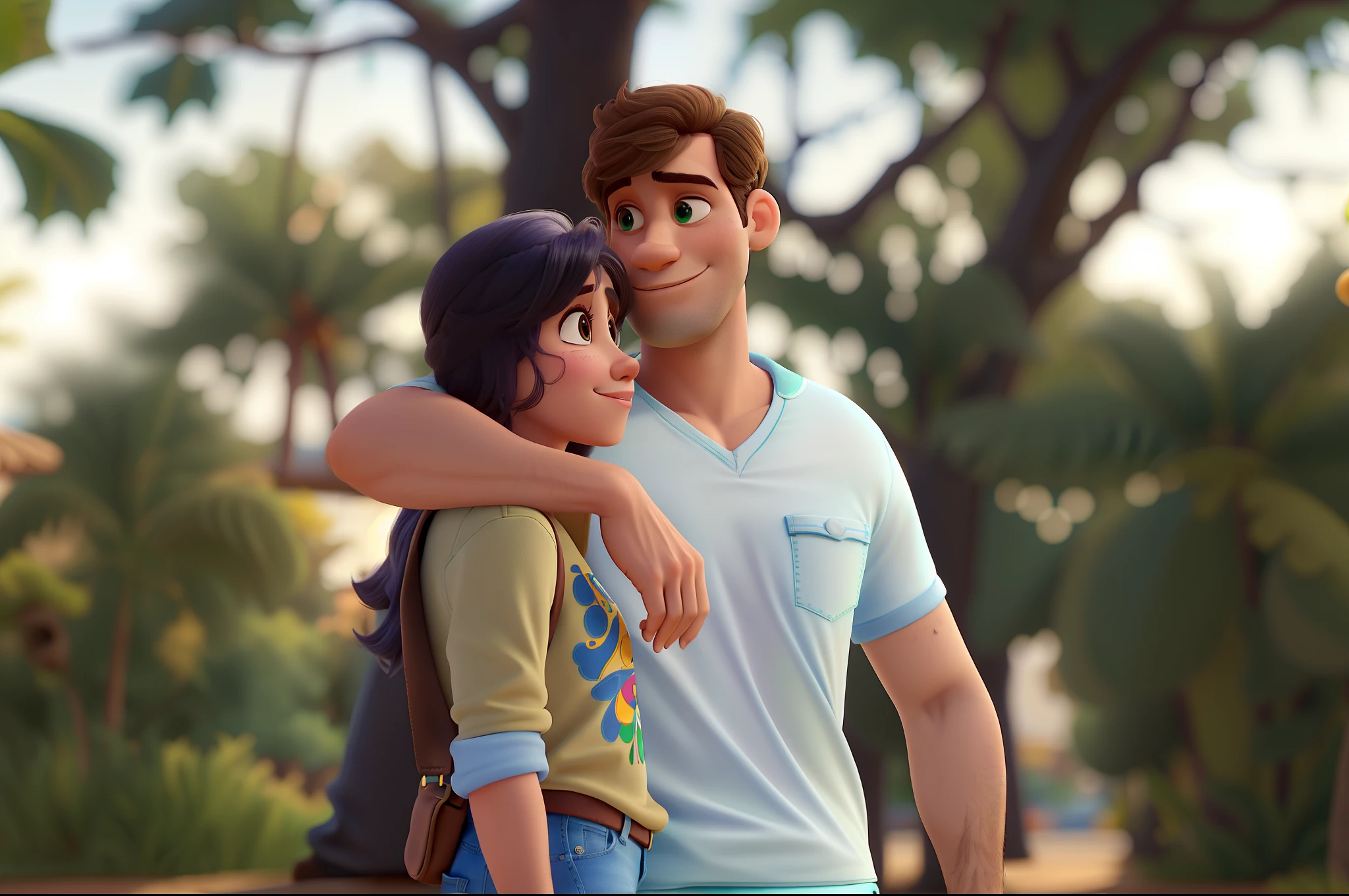 casal branco no estilo disney pixar, alta qualidade, melhor qualidade, mulher de crooped creme com estampa azul e verde, brinco de argola douradas, Denim Jeans Pants, Man in beige shirt and jeans