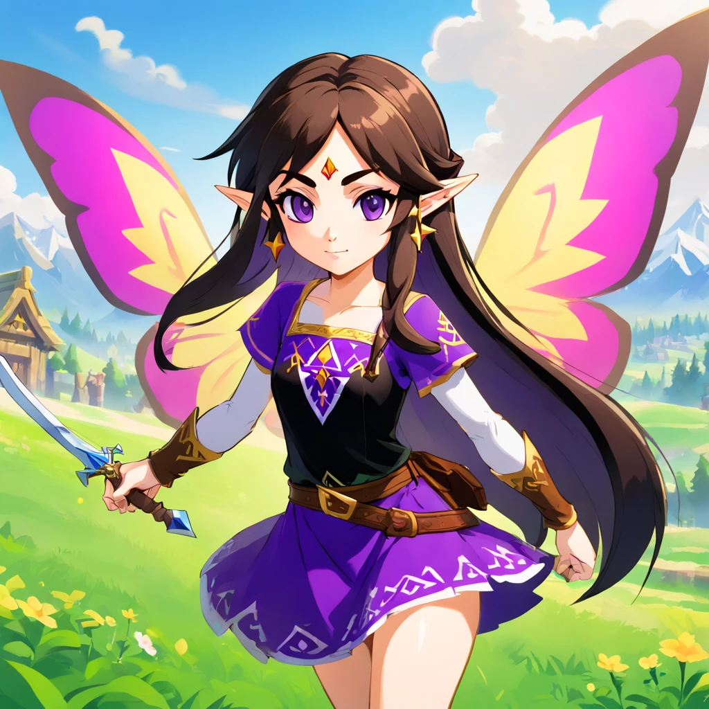 full body, person for the zelda game, black long hair to the feet with purple roots, purple shining eyes and long eye lashes, pale skin, Zelda fairy wings, butterfly make up, a short black-brown-purple dress with weapons and bags, brown leather boots, long pointy ears and golden earrings, a brown belt with two silver daggers on it, a scar on her left eye