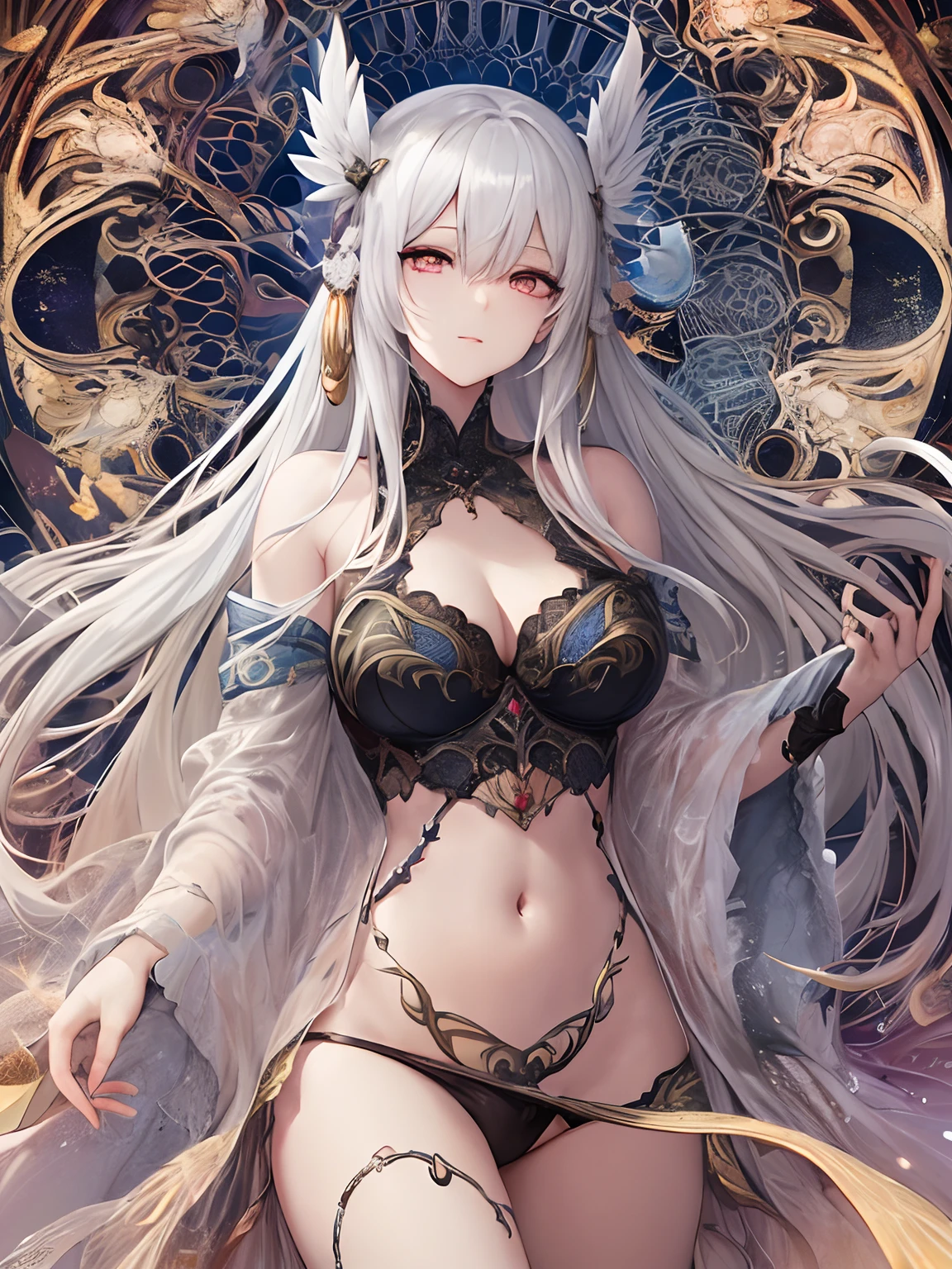pixiv Competition Winner, Fantasy Art, white haired god, beautiful character painting, Guvez style artwork, Yukionna's dazzling gaze, guweiz, long white hair, Flowing hair and robes, cute large eyes, Illustrations, fine lines, dark colored,in one's underwear only,yuki