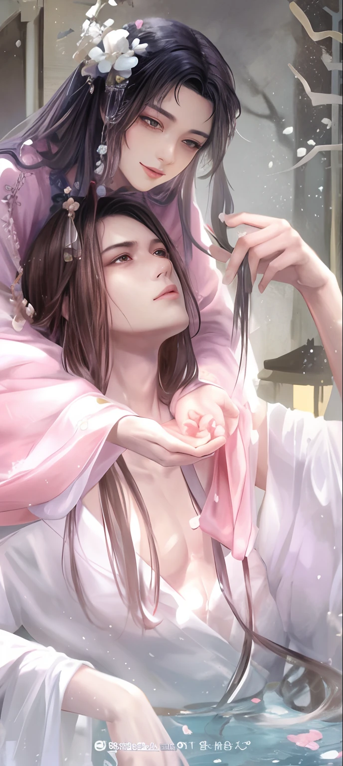 anime couple in a pool with a flower in their hair, flowing hair and long robes, delicate androgynous prince, handsome guy in demon slayer art, heise jinyao, artwork in the style of guweiz, beautiful male god of death, inspired by Guan Daosheng, flowing magical robe, handsome japanese demon boy, beautiful androgynous prince