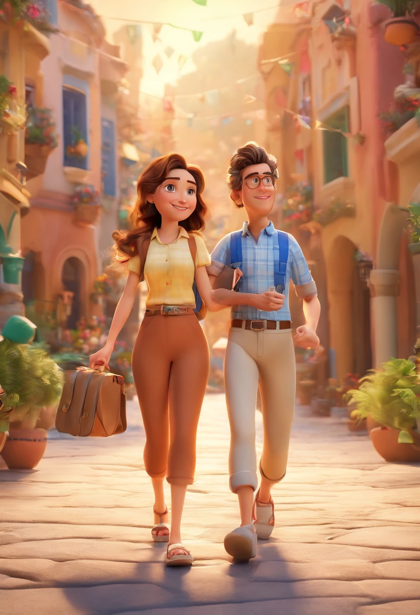 Cartoon of friends having fun on vacation together, 3D Animation Movie Poster, Poster de filme animado, pixar 3 d animation style, pixar renderman rendering, maia 8 mil, animated film, Disney Pixar Estilo 3D, amigos felizes saem juntos, all wearing light blue shirts and cream brown long pants, camisa azul clara, cream brown pants, ao ar livre, vacation, Disney Pixar Animation Poster