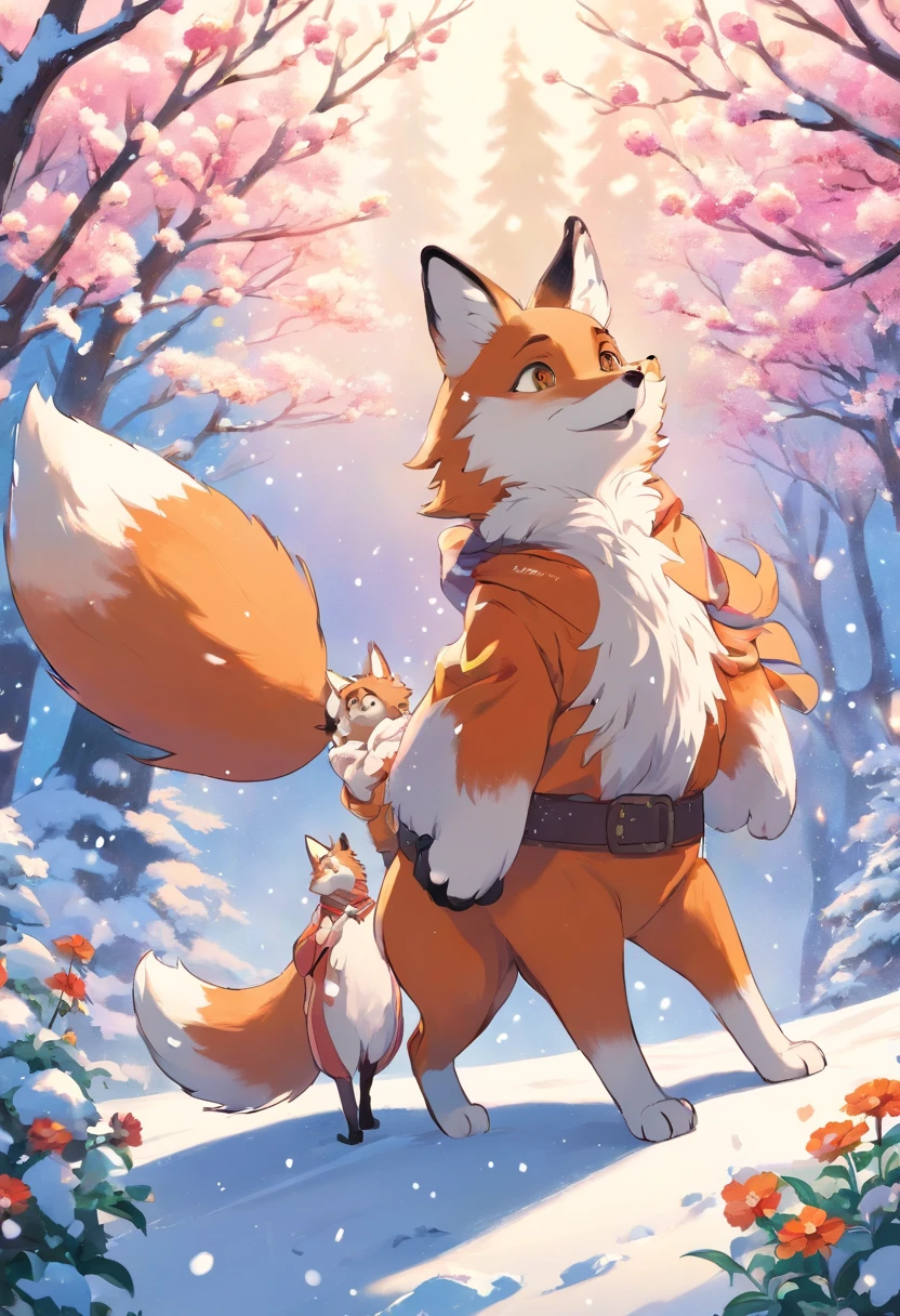 Cute fox with round eyes, Snow flies、Flowers that bloom in the winter season