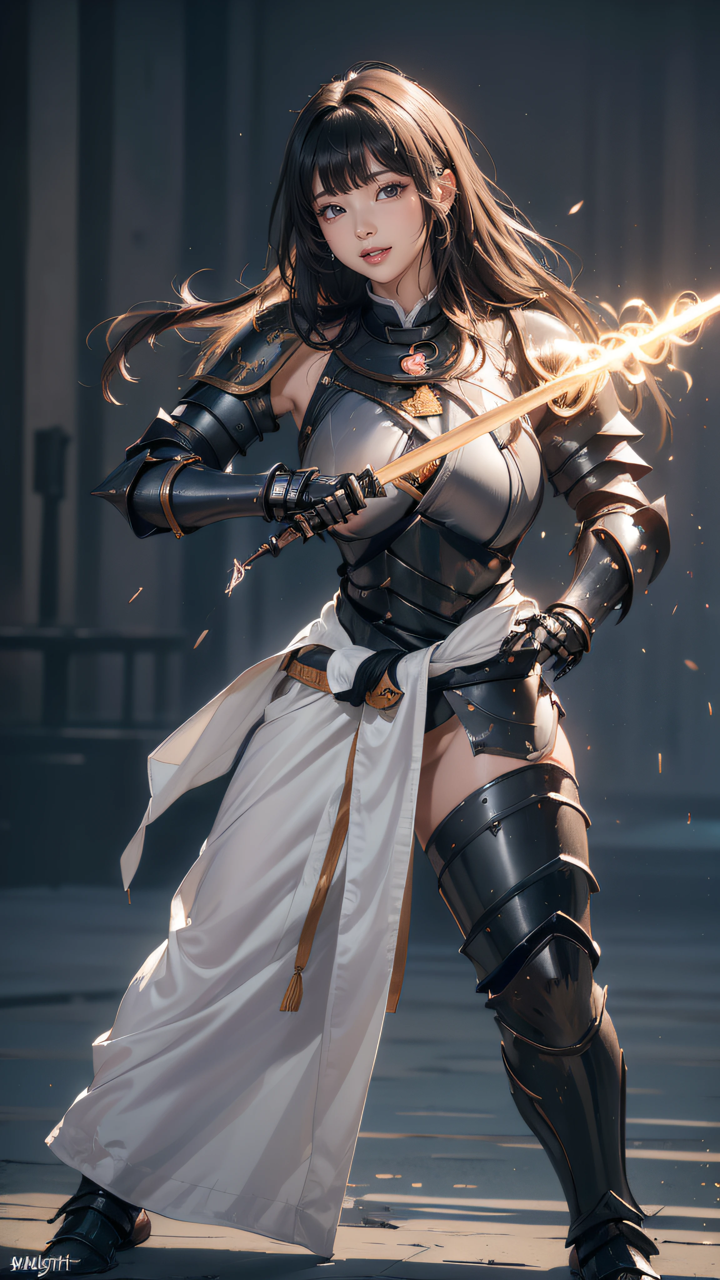 ((1girl:1.5),curvy,petite,beautiful breasts,large breasts,dark skin,(pointy breasts),(erect nipples)),((realistic:1.2),8k,ultra HD,high resolution,best quality,masterpiece,(Sense of presence:1.5),(Dynamic:1.5),(bold:1.5)),(thin hair:1.8),(straight hair:1.5),(Swept long bangs:1.5),(extra light coppery amber hair),((hair over one eye:1.2)),(clothed:1.5),leather boots,(carbon knight armor:1.5),(embroidered white china clothes:1.5,(long silk sarong)),((battoujutsu stance:1.5),long spear),coliseum