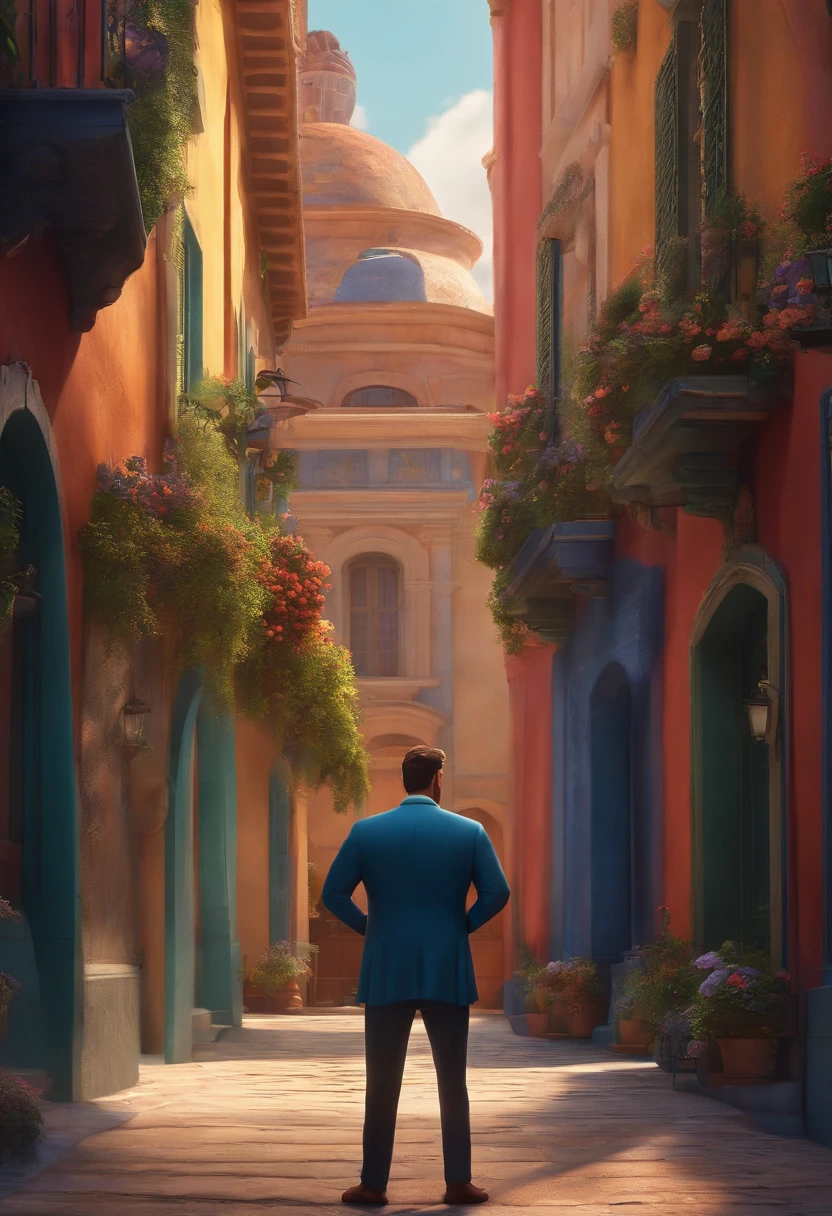 A city councilman looking at a dream project inspired by Pixar animation, de perto. The character takes center stage with captivating facial expressions, oferecendo um toque de irrealidade