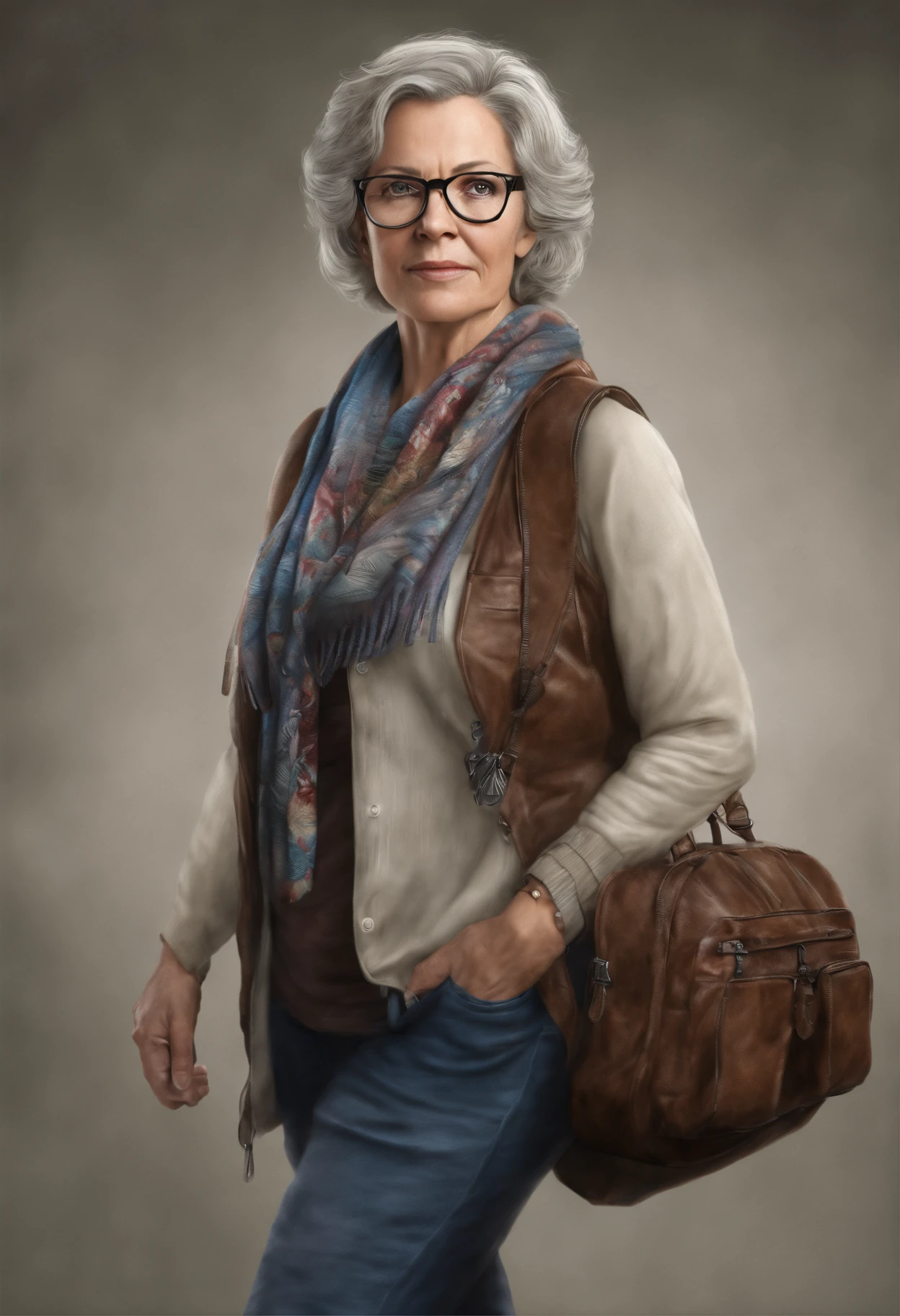 A middle-aged female doctor wears glasses, wears a shawl, and carries a school bag