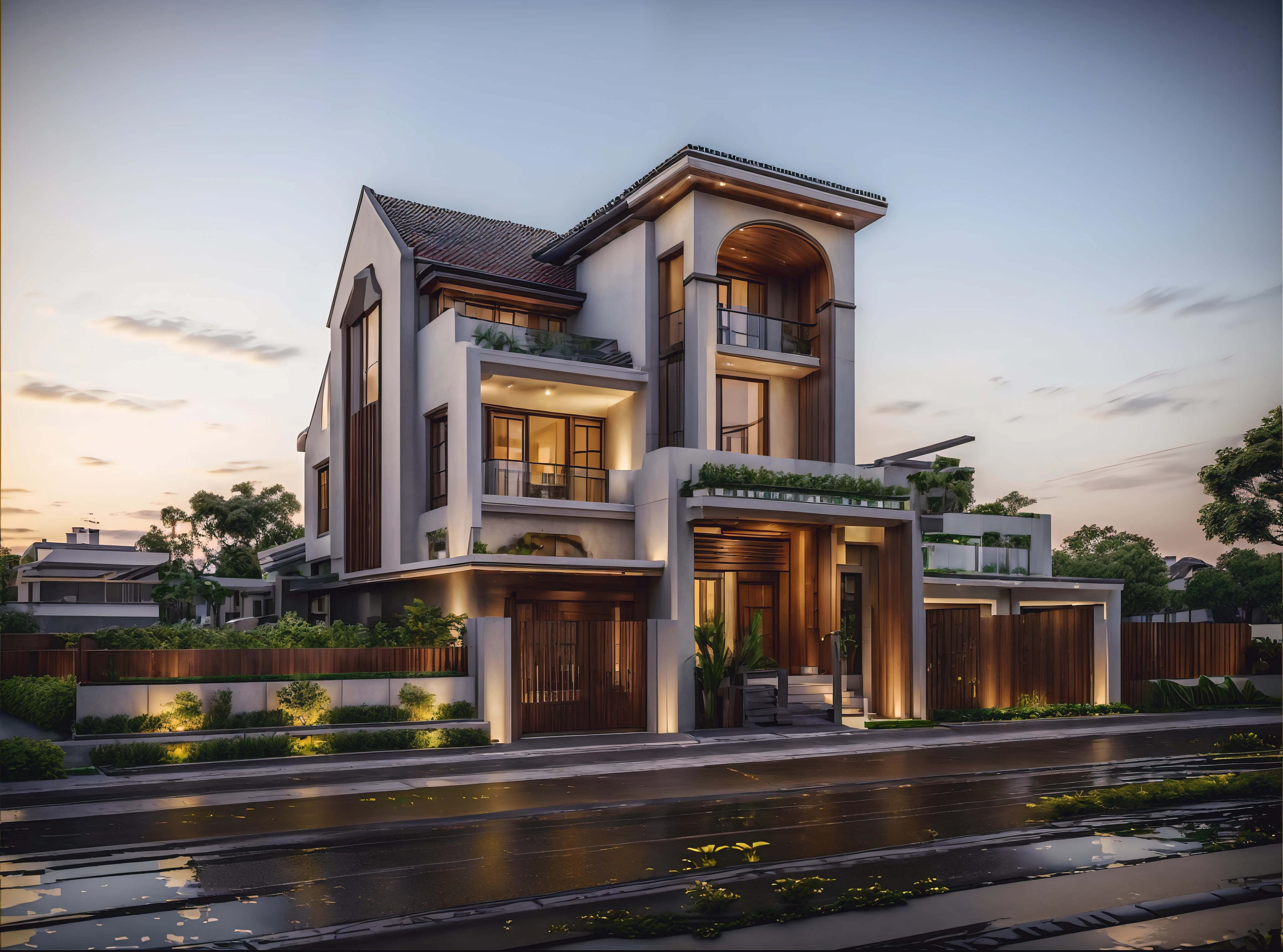 ((Best quality, 16k resolution, Masterpiece :1.3)), Sharp focus :1.2, (exterior moder design: 1.3), (ultra realisstic: 3), (highly detailed: 1.2), sunset, morden house, white house, modern craftsman house, roof pitum,trees