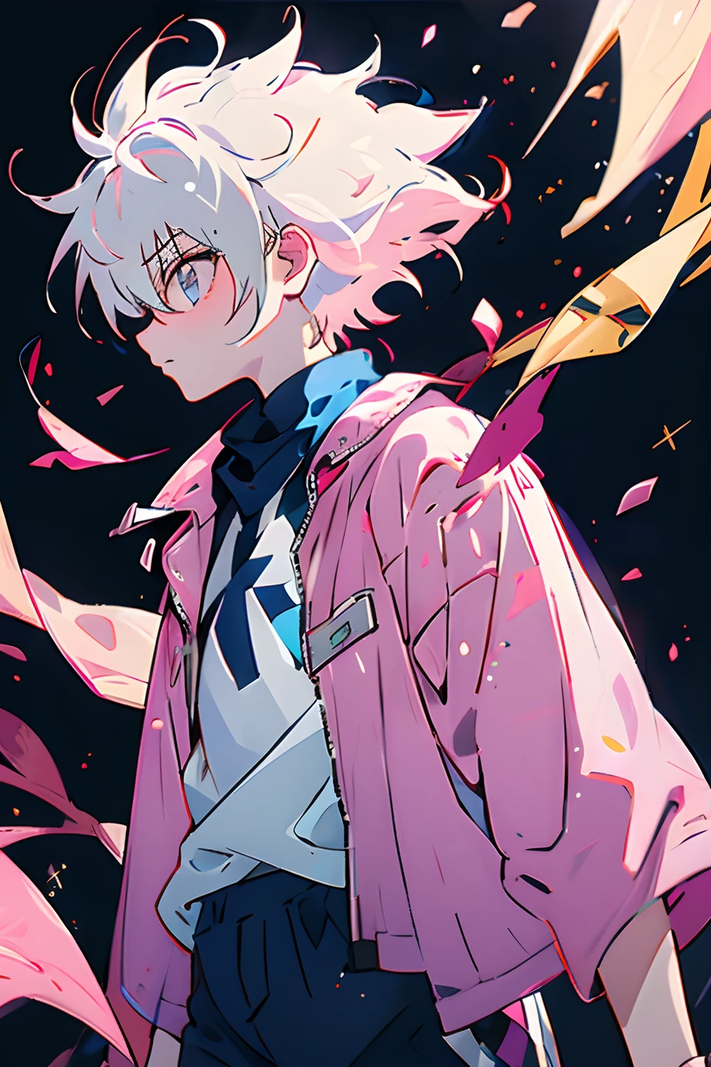 1boy, killua_zoldyck, solo, focus, teen, walking, looking down, worried, pink jacket, white shirt, shorts, upper body, from side, small town, soft light, looking at viewer