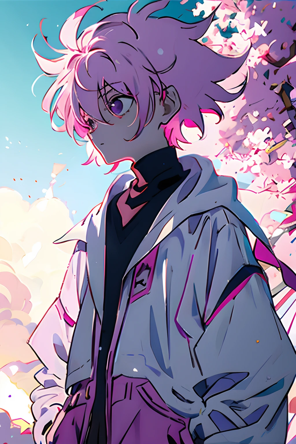 1boy, killua_zoldyck, solo, focus, teen, walking, looking down, worried, pink jacket, white shirt, shorts, upper body, from side, small town, soft light, looking at viewer,