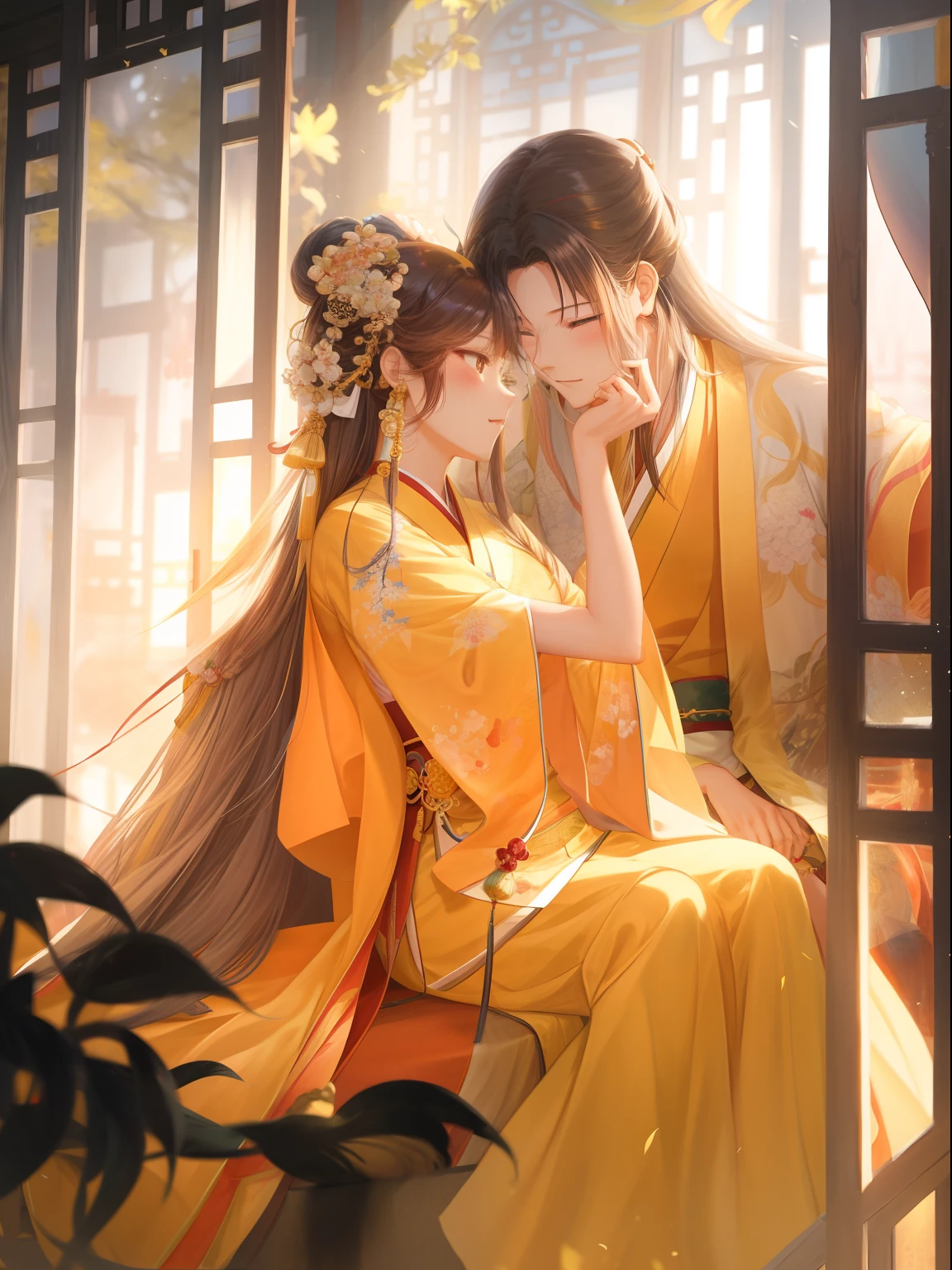 anime couple in yellow dress sitting on a window sill, by Yang J, flowing hair and long robes, beautiful character painting, by Li Song, beautiful depiction, lovely couple, by Yu Zhiding, by Ye Xin, ruan jia and artgerm, by Chen Lin, guweiz, palace ， a girl in hanfu, by Li Fangying