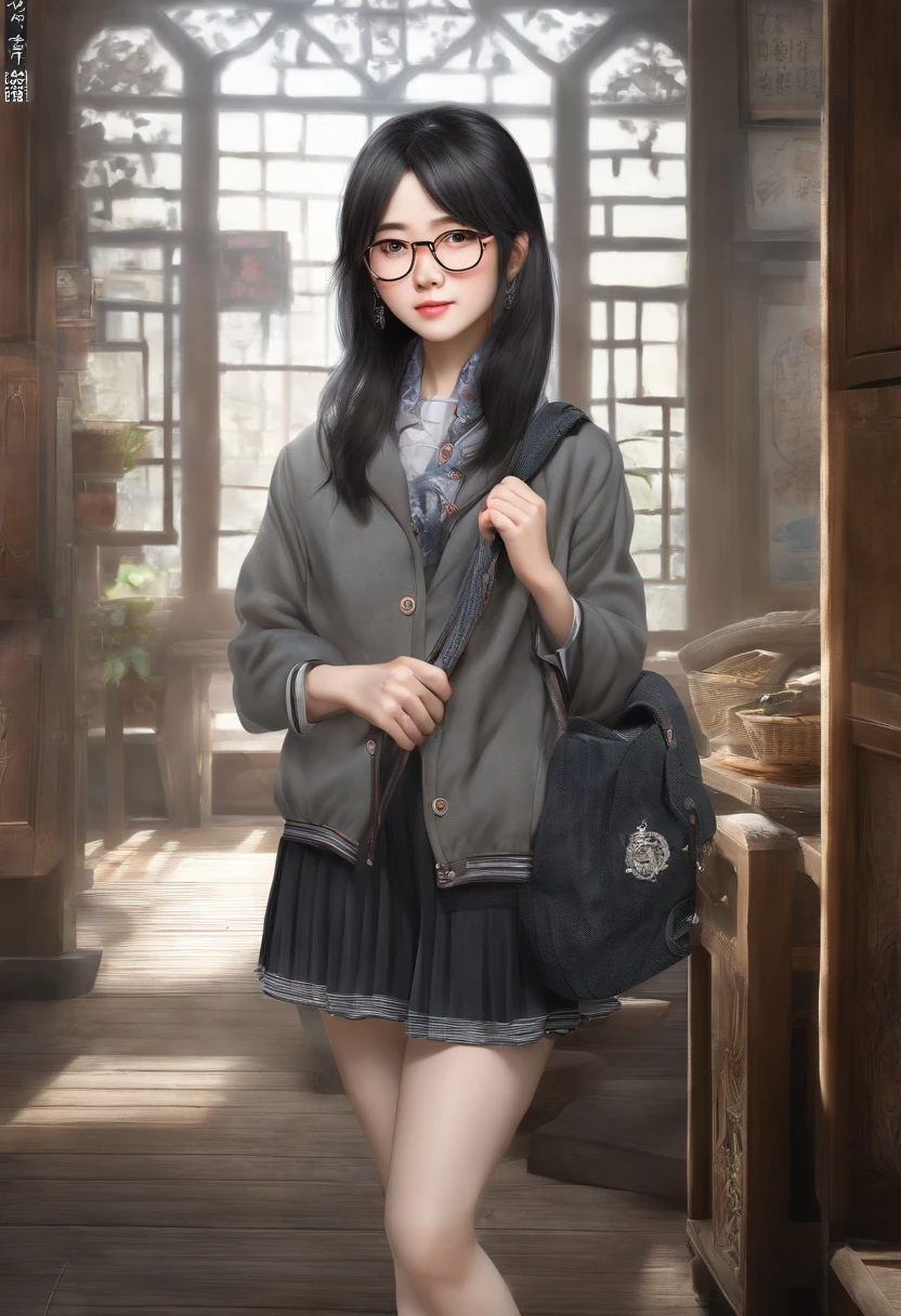 wears glasses、Shawl、Middle-aged female doctor carrying a school bag、Black hair，Sweaters，chineseidol
