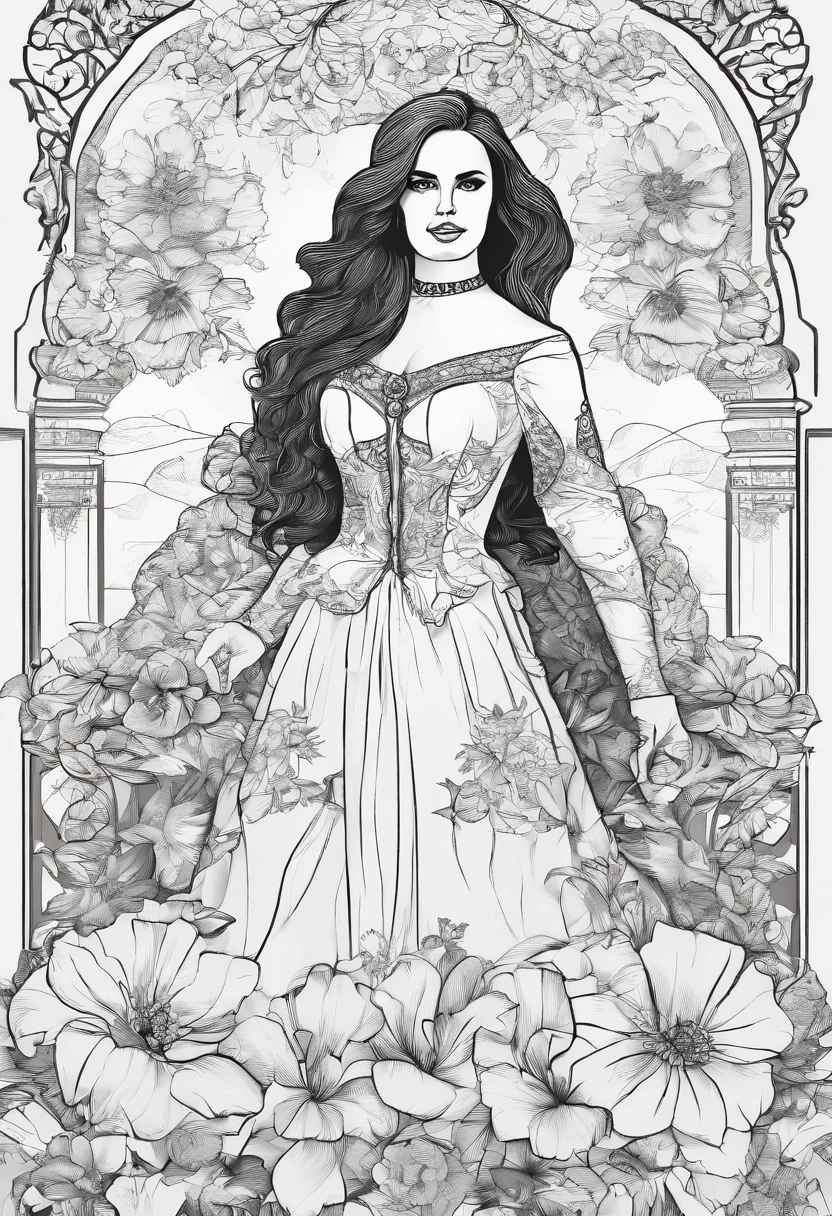 (Black and white coloring book:1.5), Line art, masterpiece, Highest quality, (Detailed Background), High Contrast, Highly detailed face, ((Eyes are clearly defined)), smile,Hair is white, whole body, Like something you&#39;d wear at a royal wedding、A wedding dress with gorgeous embroidery and jewels, The dress has a long train, 色や影のないLine art, きれいなLine art, Fibonacci