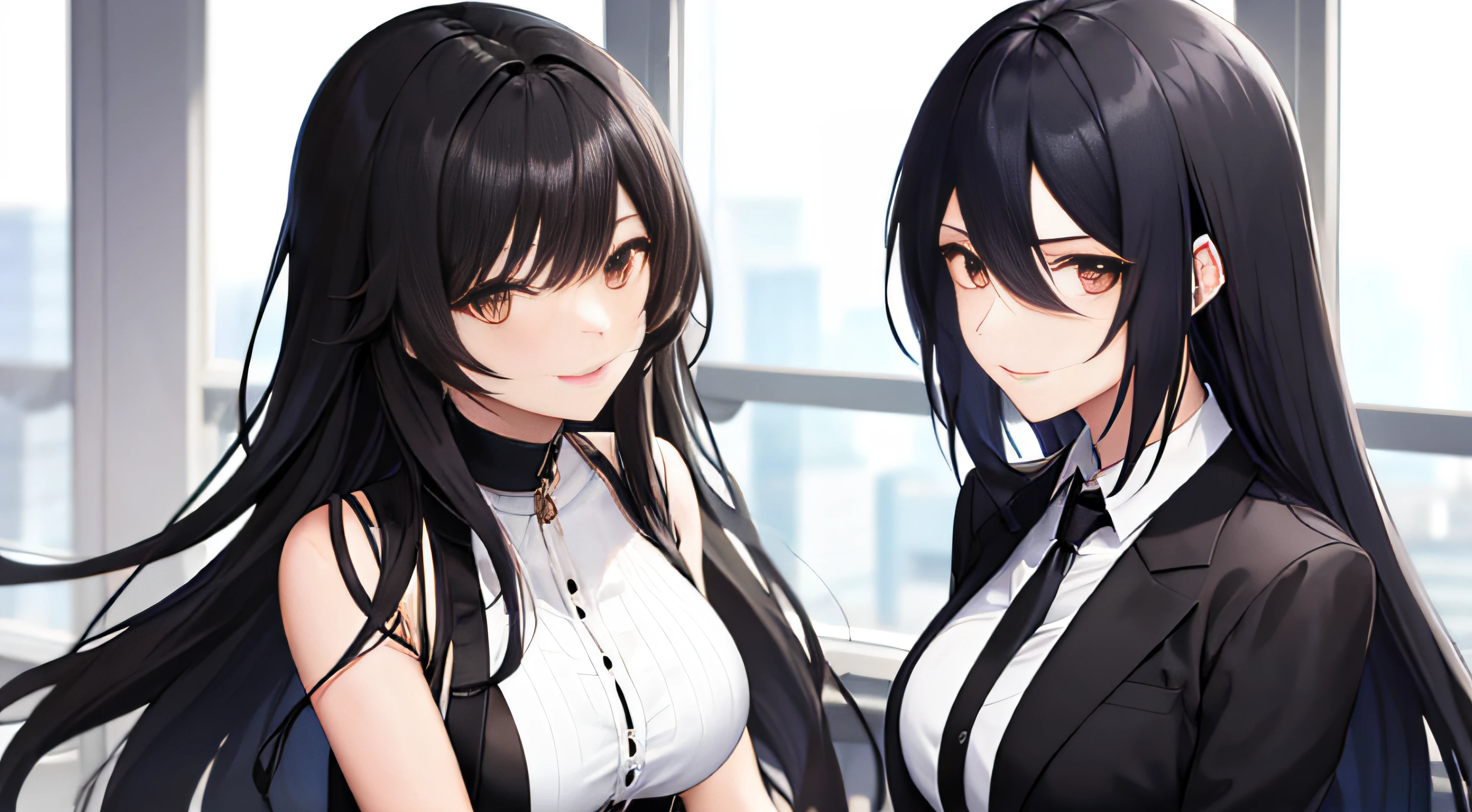 The male protagonist talks with a woman with black long hair professional clothes, the woman smiles and the picture is pleasant, in five luxurious offices