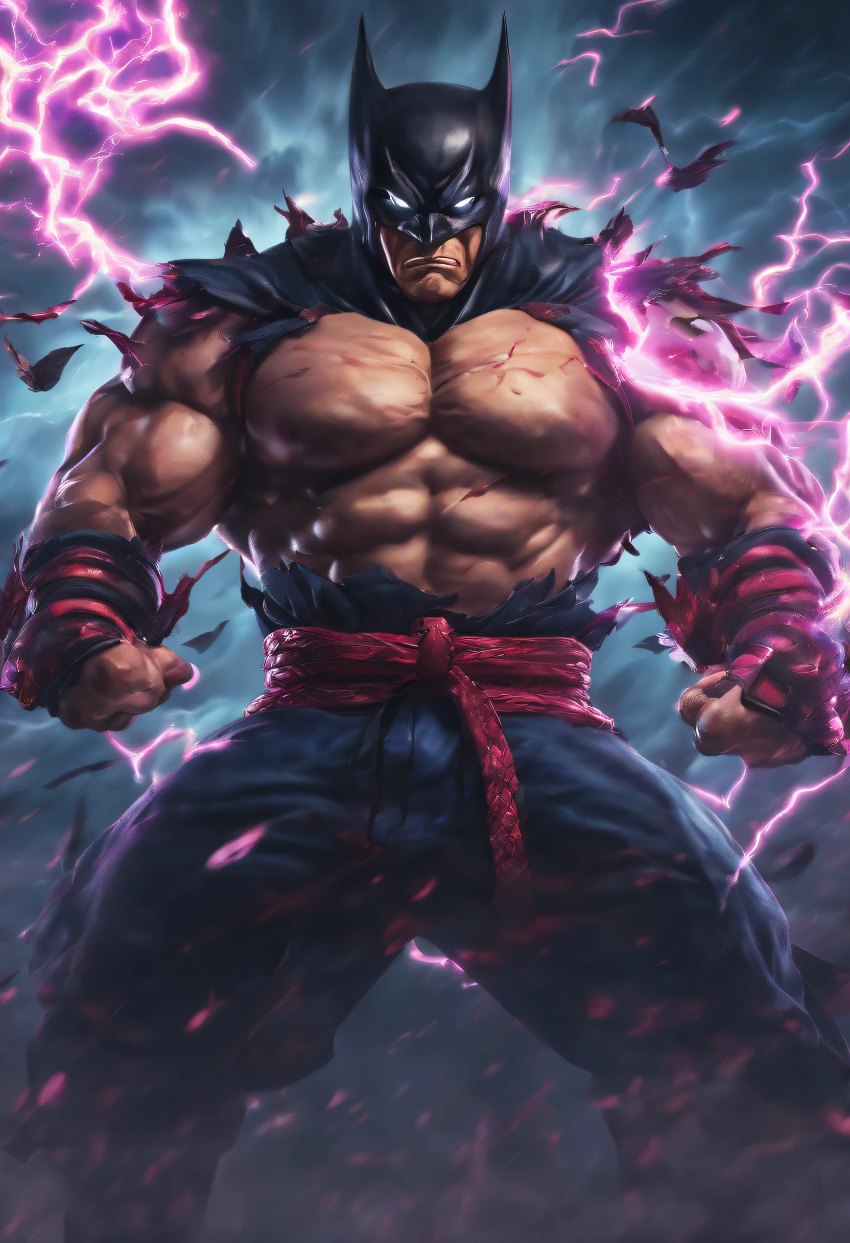 Realistic 3D rendering of fused Samurai Batman, Surrounded by lightning, Fat Muscular, Photographie du corps entier, Hyperrealistic