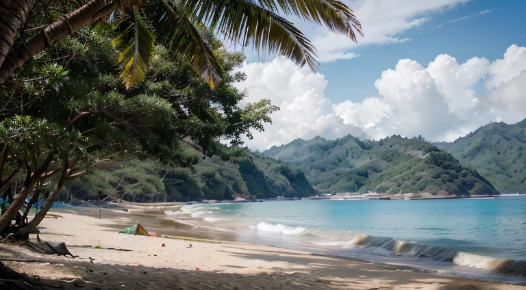 a hyper realistic photography of the beach in langwai, no people, Nikon D850 DSLR 4k camera, 100mm lens, F 1.2 aperture setting, bright and natural lighting, vibrant, fun and relaxing atmosphere