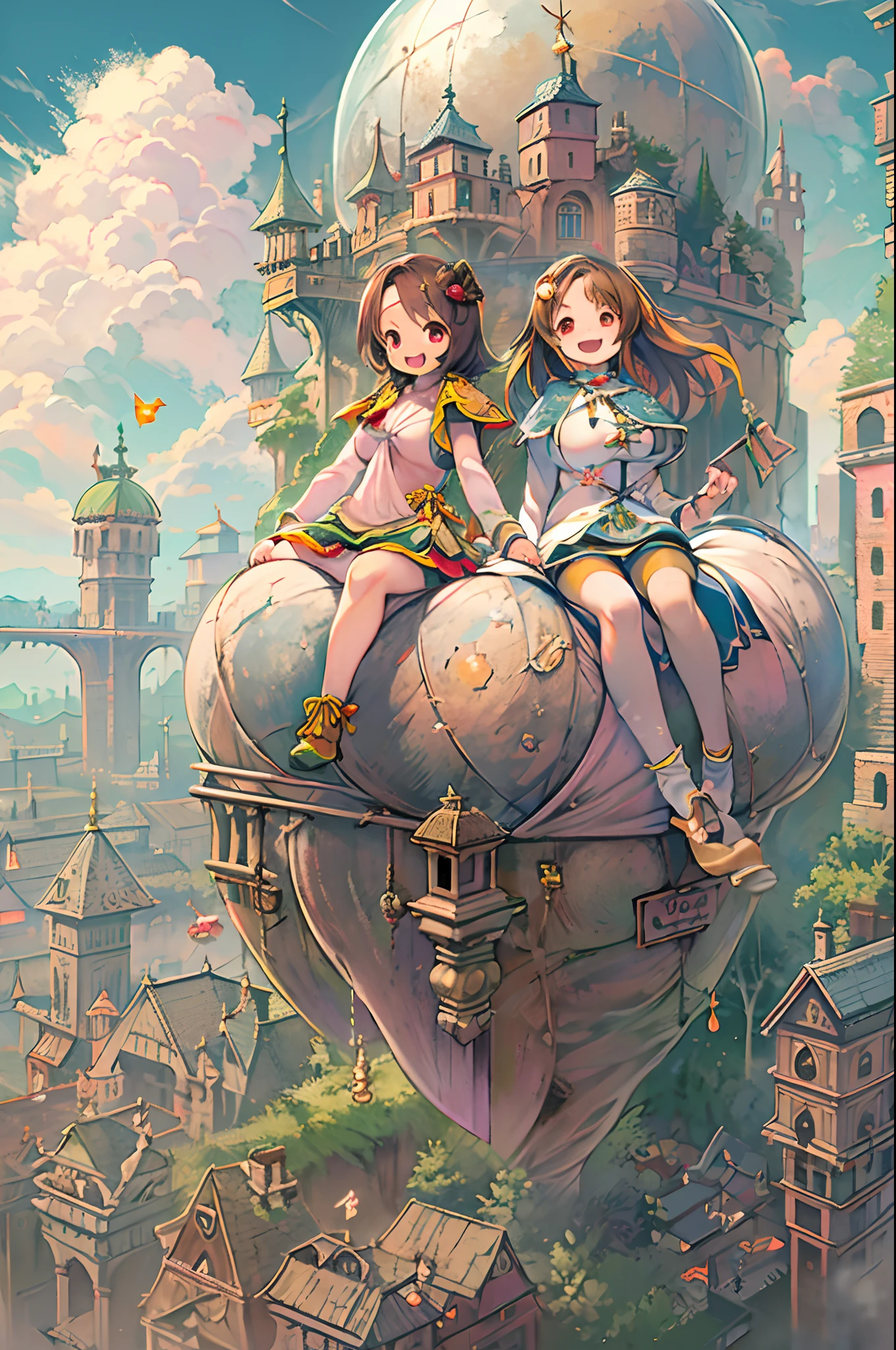 Flying castle, Full of air,Two girls、huge smile