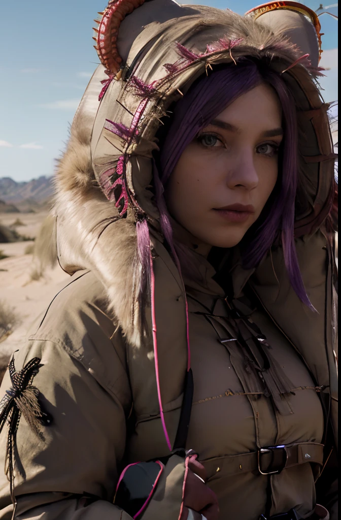 ((Desert, Sand, sand dune, Refractive effect, Sun)), (Masterpiece, Best quality), (1girll), (Solo), ((Portrait)), Perfect face, ((Heterochromia, Blonde and purple hair, ((Red Dragon Parka)), Gothic unnecessary belts are everywhere, mole under eyes)), Beautiful desert with cacti in the background, tumbleweeds, Cinematic light, Sunny day, Dramatic lighting, Ultra detail, 8K, aquarelle, Dainty, Delicate (Gothic lace, Gothic rose, goth aesthetic)