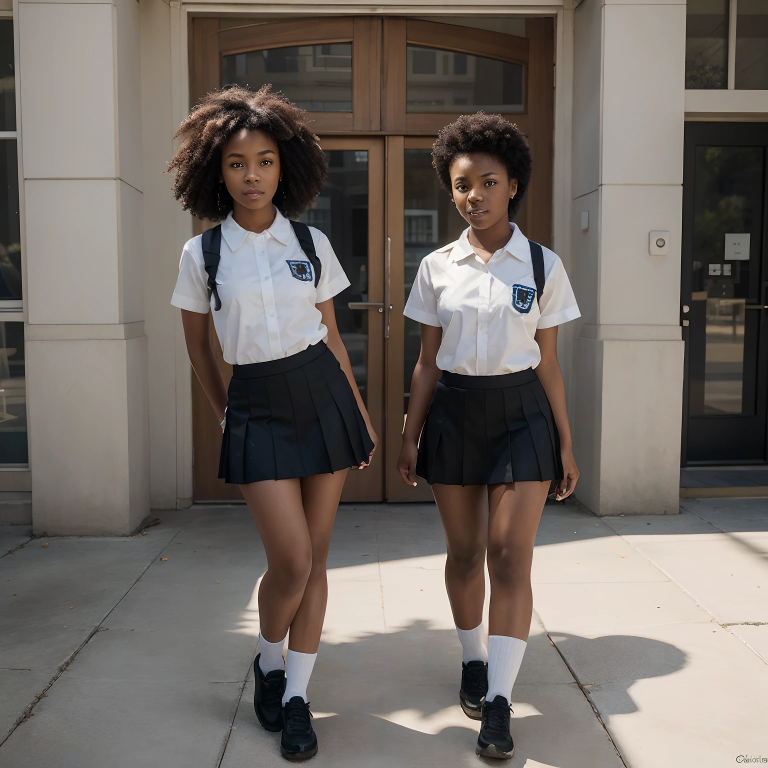 two young girls in school uniforms are standing in front of a building, by Kadir Nelson, inspired by Kadir Nelson, childrens art in artstation, highly detailed character design, cartoon style illustration, adorable digital painting, high quality character design, by Eddie Mendoza, dark-skinned, beautiful digital illustration, charicature, beautiful artwork, cute artwork, afro american