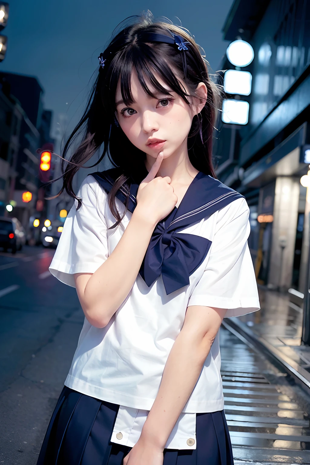 (8k, RAW photo, best quality, masterpiece:1.3),(realistic,photo-realistic:1.37),(night),(looking at viewer:1.331),(white hair),posing,Tokyo street,nightcityscape, cyberpunk city,soft light,1girl,extremely beautiful face,bust,put down hands,Random hairstyle,Random expression,big eyes, ,lower abdomen,(lshort-sleeved JK_sailor),JK_style,(dark blue JK_skirt) ,(bow JK_tie),mix4