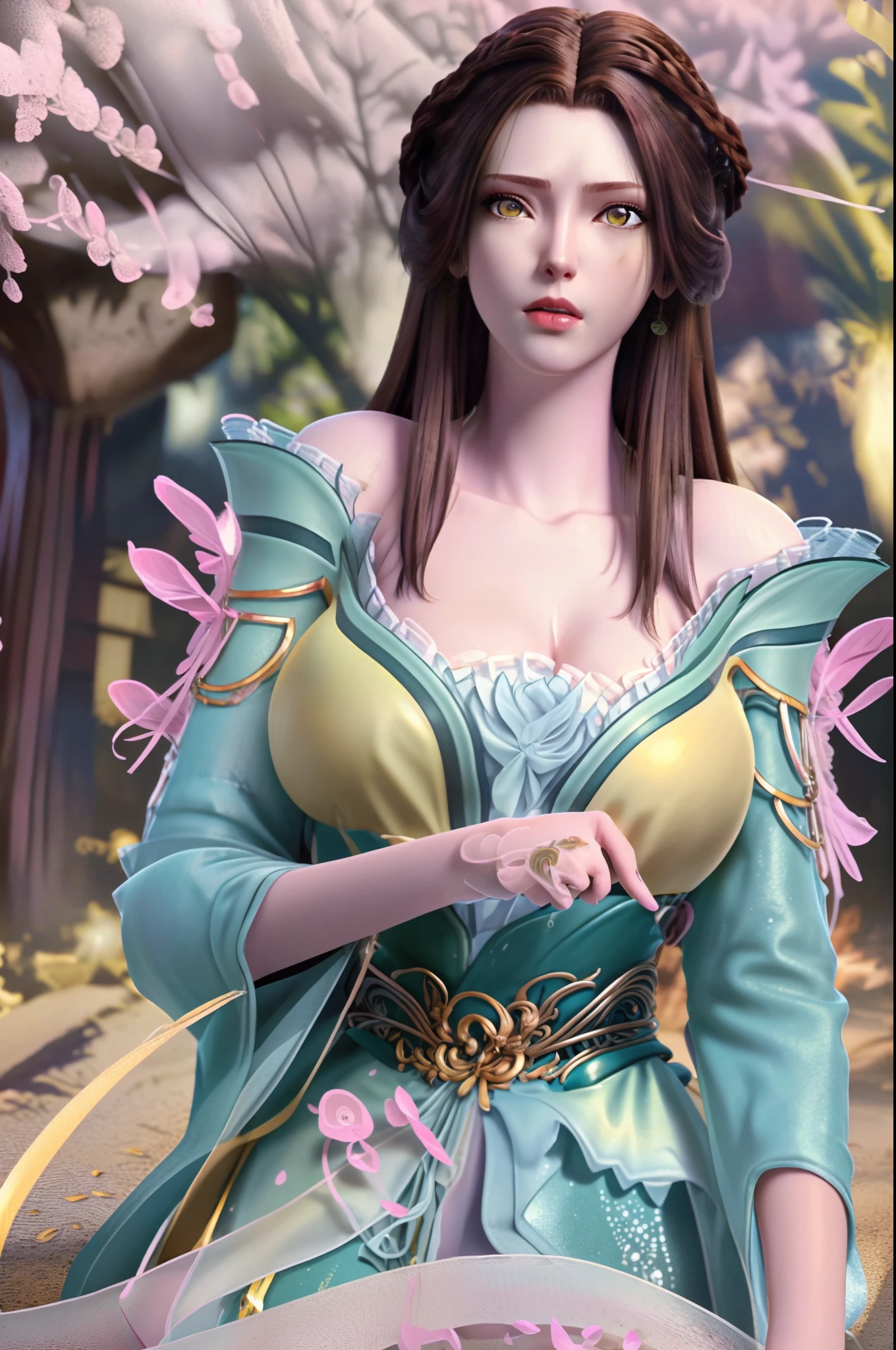 (hyperrealistic girl), (illustration), (high resolution), (8K), (extremely detailed), (best illustration), (beautiful detailed eyes), (best quality), (ultra-detailed), (masterpiece), (wallpaper), (photorealistic), (natural light), (rim lighting), (detailed face), (high detailed realistic skin texture), (anatomically correct), (solo), (1 girl), (high detailed realistic hair), (caramel hair:1.35), (heterochromic eyes), (detailed eyes), (light yellow eyes:1.37), (sparkling eyes), (realistic big breasts:1.5), (exposed breasts:1.35), (long legs), (slender abs), (dynamic pose), (closed tiny mouth:1.3), (nsfw), (concentrated expression), (topless), (natural pink lipstick:1.3)