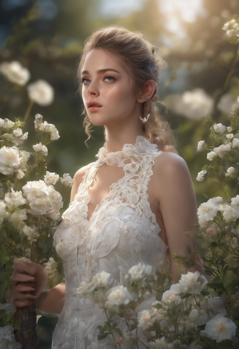 A woman in a white dress standing in a field of flowers - SeaArt AI