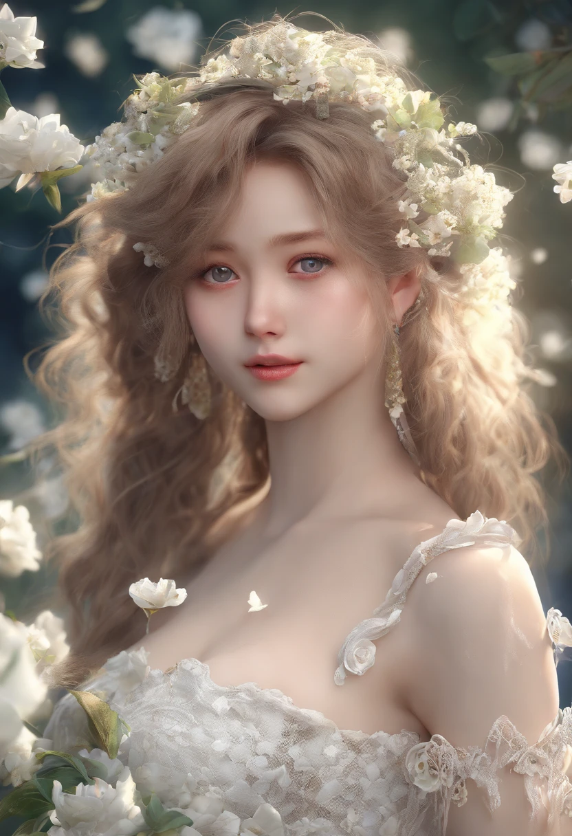 (masterpiece, best quality:1.6), white lace dress, cowboy shot, thighs, beautiful girl, (flowers, many small white petals:1.3), garden, blue sky, looking at viewer, small waist, official art, raw photo, incredibly absurdres, facelight, dynamic lighting, cinematic lighting, ultra realistic, highres, photography, sharp focus, highest detailed, extreme detailed, ultra detailed, finely detail, extremely detailed eyes and face
