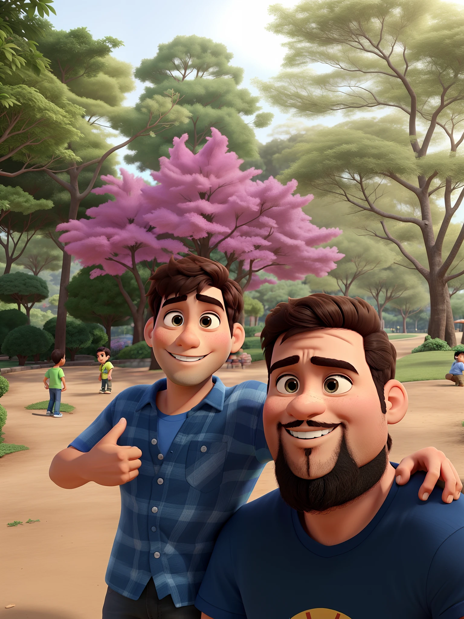 Pai com seu filho, no parque estilo pixar, alta qualidade