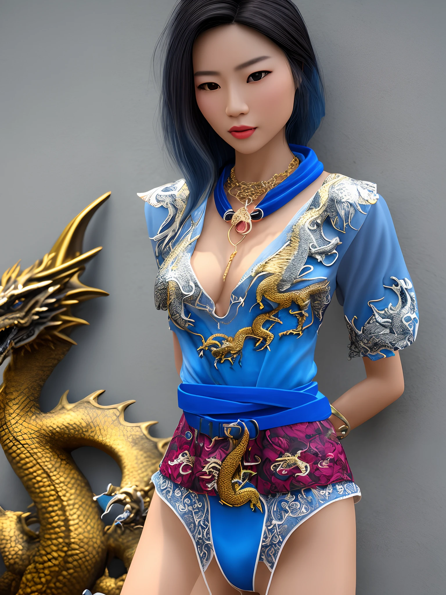 Create an image of a realistic Asian woman with pink mini blouse and extremely extravagant neckline, Golden necklace on the neck and blue hair. Olhos vermelhos e Baton na cor azul. Knots arms with silver bracelets and with bluish tones adorned with dragons , At the waist, a wide white belt adorned with dragons and a torn blue mini skirt showing parts of the underwear