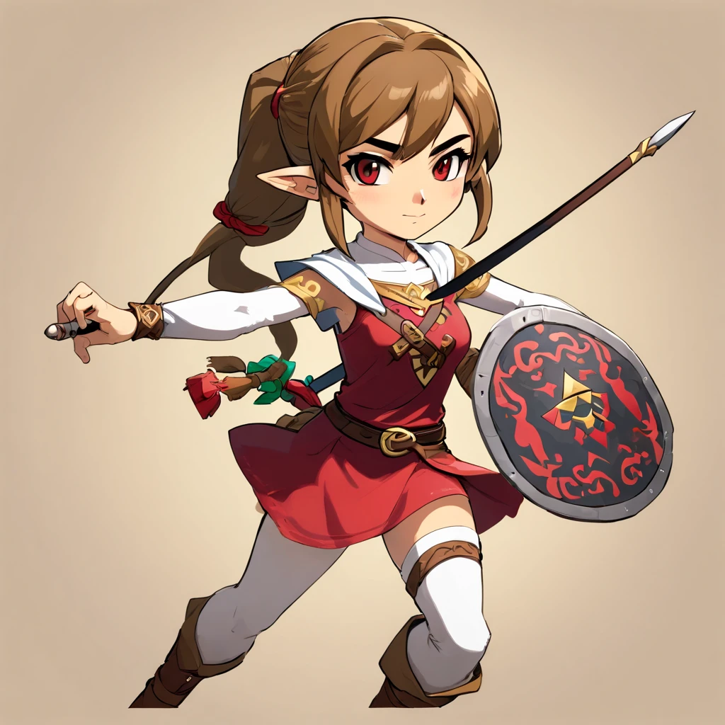 Full body, character for the legend of Zelda games, young girl, a Sheika ninja with a brown white ninja outfit, brown hair in a pigtail, red eyes, katanas on her back
