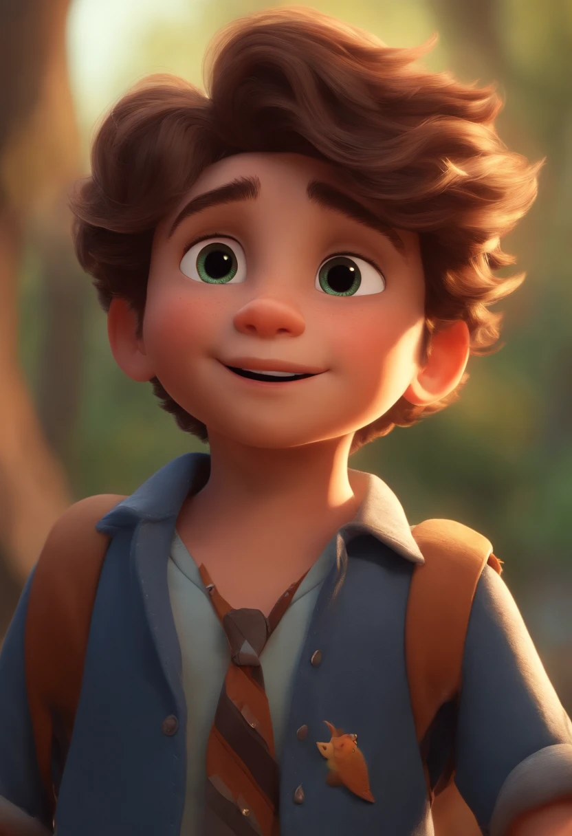 Image of a boy for a story in a YouTube video in Pixar format, He's the little allabester, He's the class leader, He's outgoing, Playful and gets up for a lot of things, cabelo curto