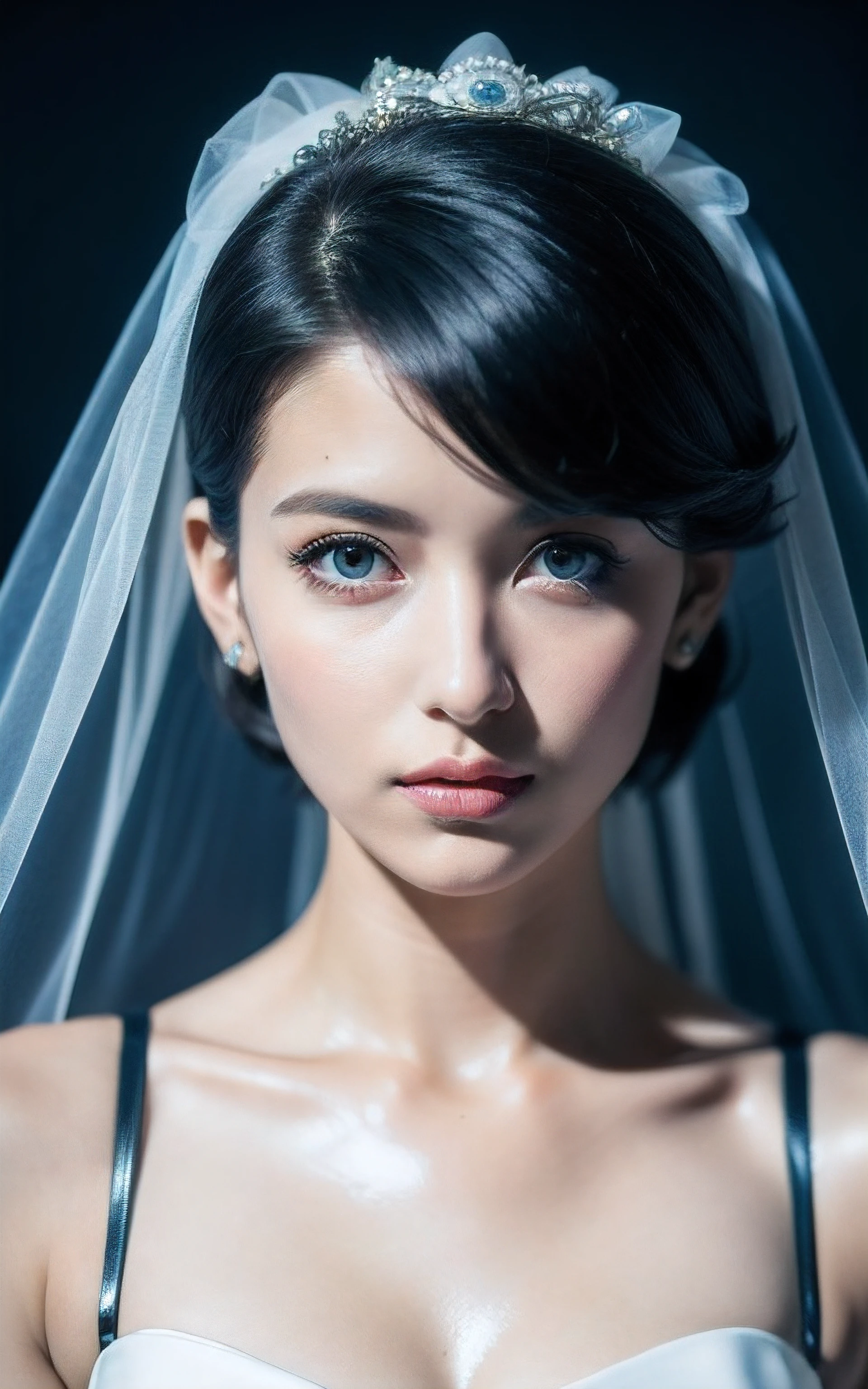 128k female models , Huge breasts,  eyes, ((random short hair style)),  High resolution , Upper body, No background, Studio Lightning , 
((SWEDISH WOMAN,Wedding Dress, Wedding Veil, latex blue photorealistic, highly detailed, professional , eagle nose, short hair))
random angle