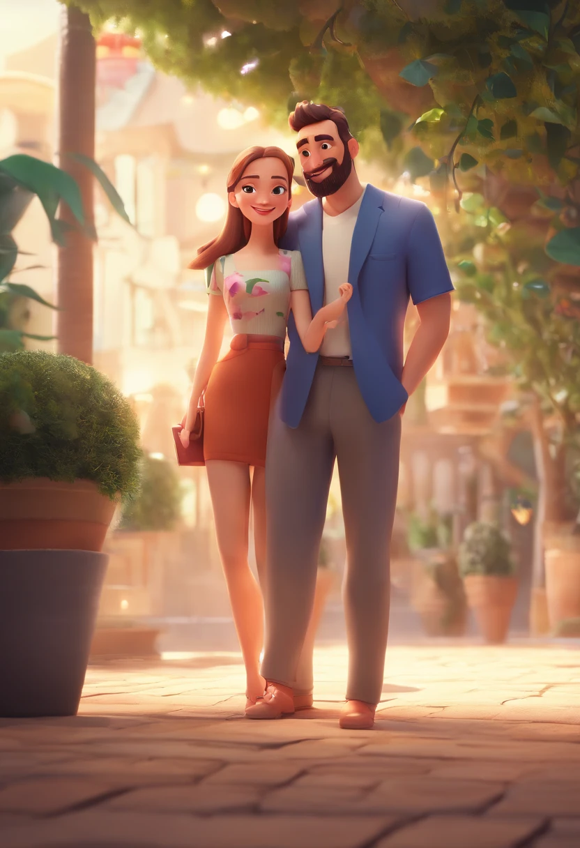 An illustration of an adorable couple, Destacando um homem e uma mulher com beleza, Expressive eyes – the man's hair is bald and brown and he has a full beard, While the woman's hair is tied up in a bun and blonde. They are a bright space, Todos com um sorriso no rosto, e compartilhe um momento especial, That is marked by love, viagem, and pedagogical insights. Ilustre esta cena a partir de uma perspectiva, where they're facing away from the camera, Show Your Connection. Desenvolva esta arte em Full HD, Focus on your cinematic touch, Estilo Disney Pixar Animations