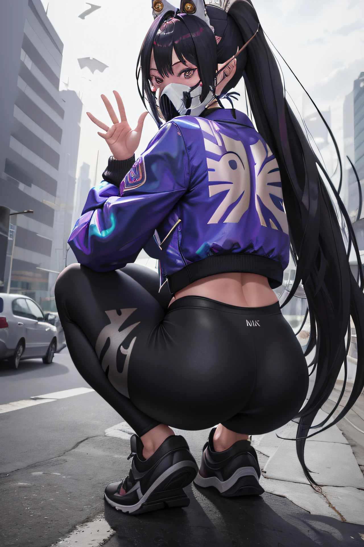 masterpiece, best quality, 1girl, solo, sin \(nikke\), looking at viewer, looking back, mask, yoga pants, jacket, squatting, from behind, sneakers