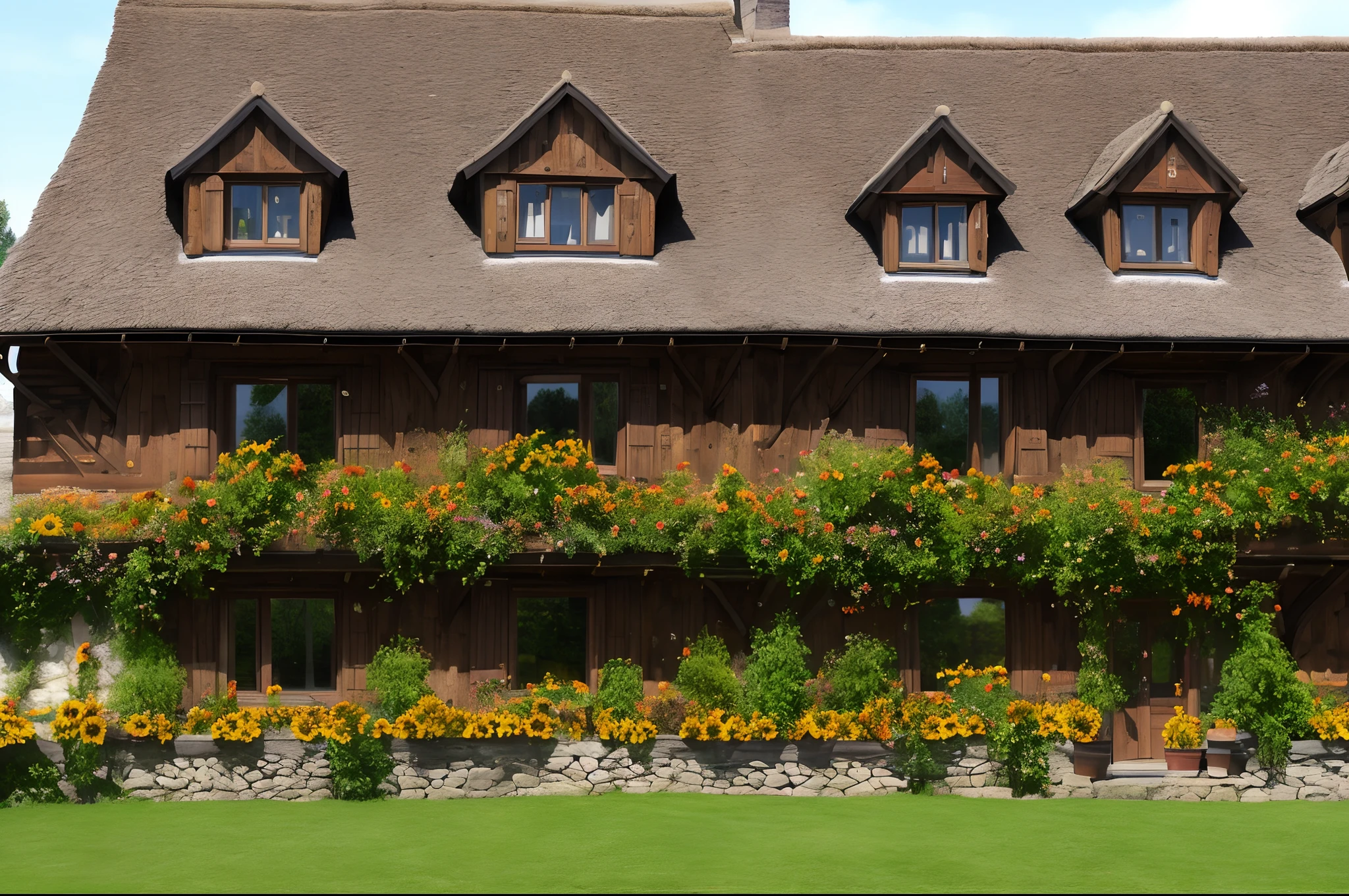 Half-timbered house pony sunflowers