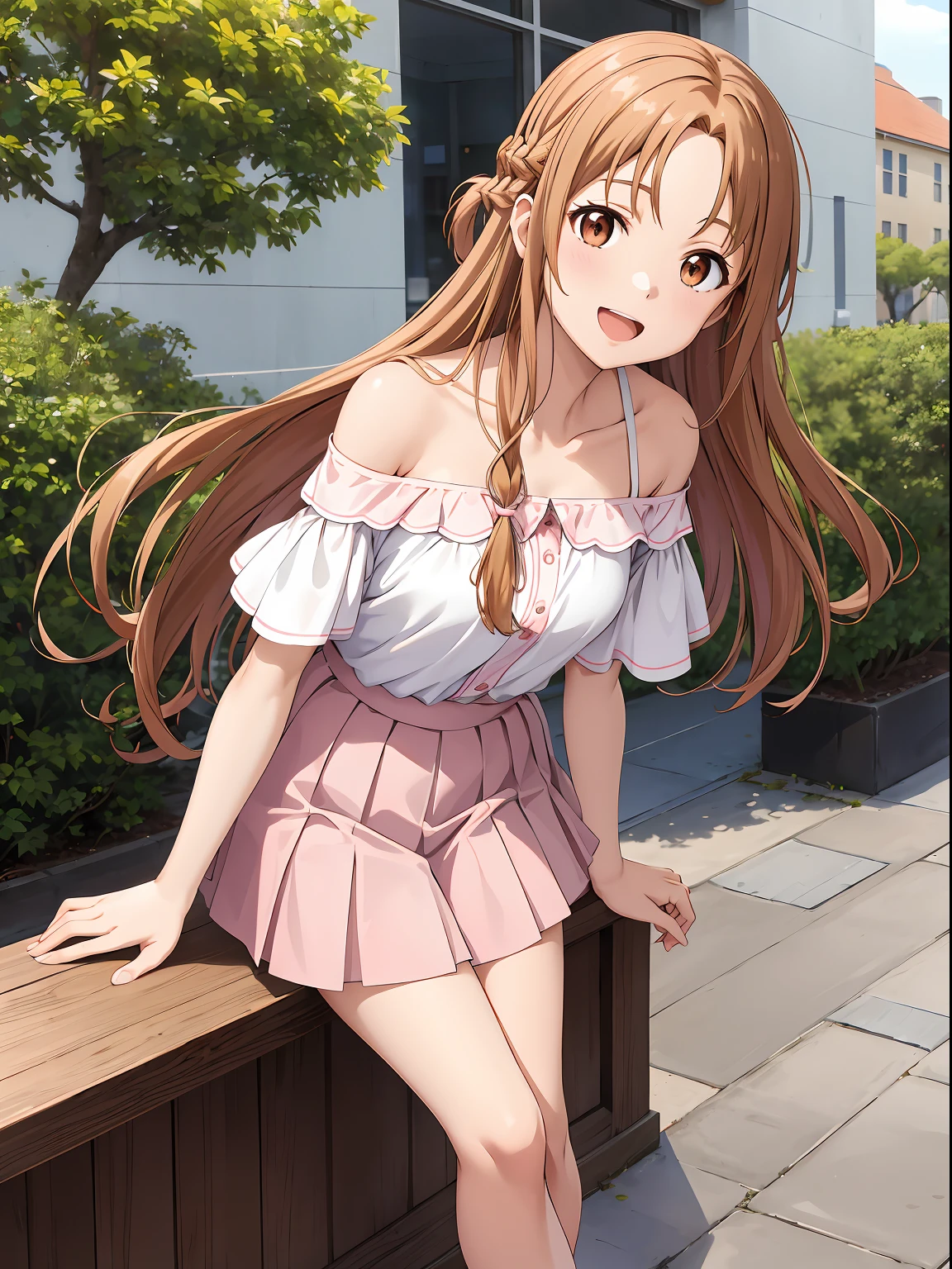 (best quality:2.0), (masterpiece:1.8), extremely detailed CG 8k wallpaper, HDR ultra detailed illustration, ((1girl)), nsfw, Asahina Mikuru, detailed face, solo, ((no panties)), completely nude,  (((pussy))), bare_shoulders, white_thighhighs, (from_behind:1.2), bent_over, leaning_on_table, smiles sweetly, looking_away, (ass:0.8), skindentation,  <lora:AsahinaMikuru_V1.0:0.8>, public, outdoors,
